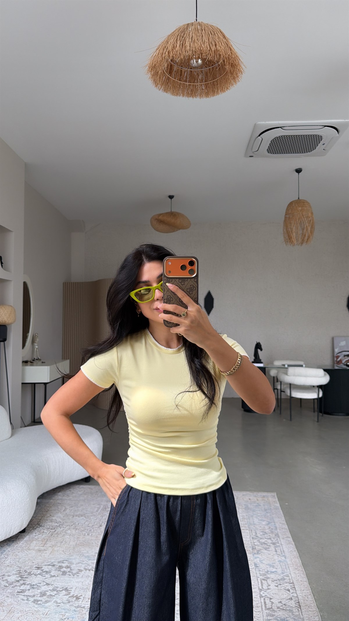 Dikiş Detaylı Sarı Pamuk Tshirt