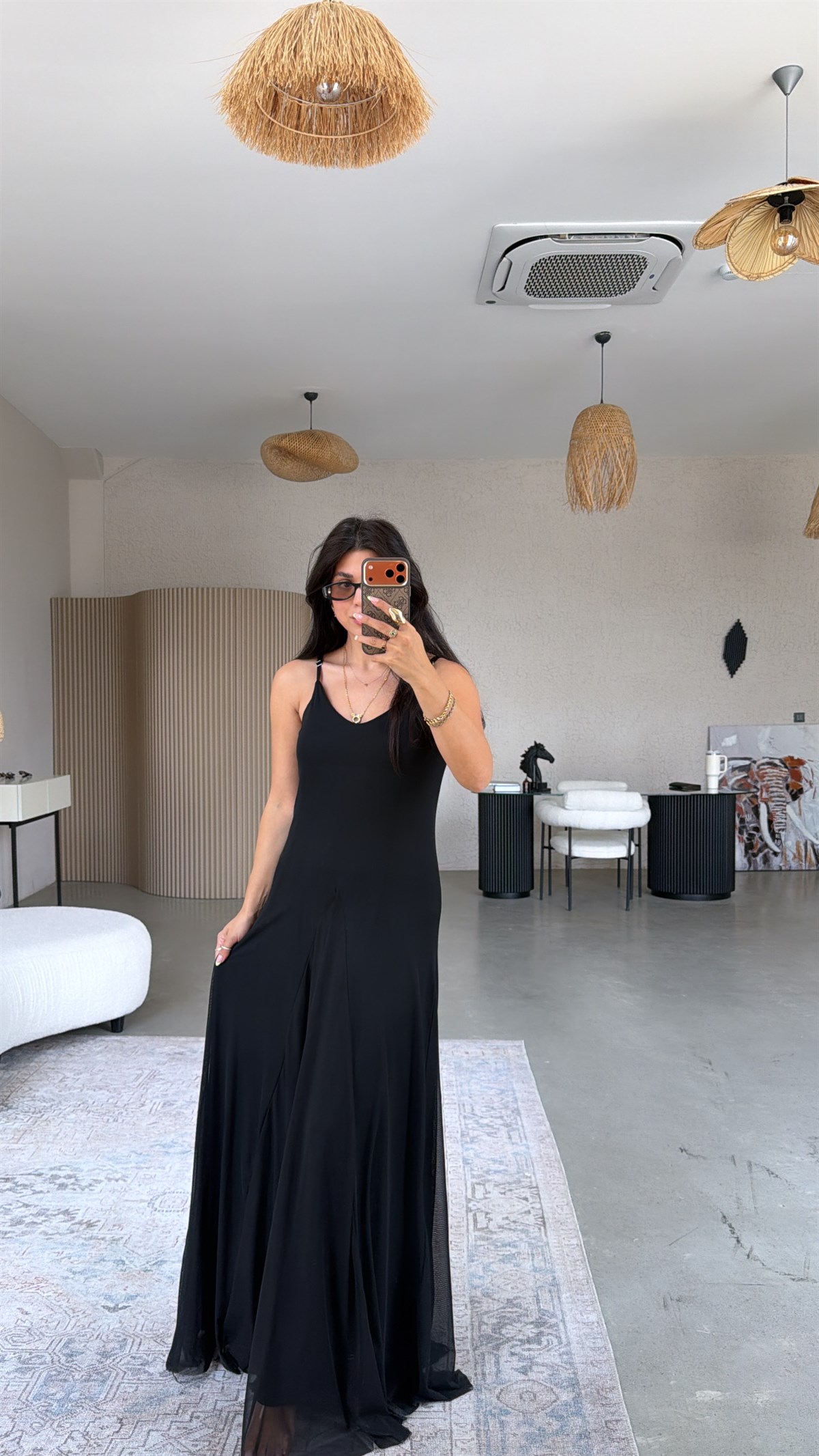 Düz Siyah Tül İçi Maxi Astarlı Dökümlü Elbise
