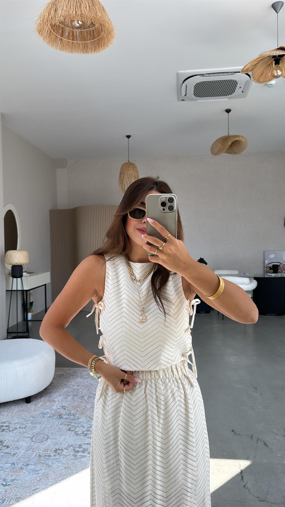 Ekru Ajurlu Etek Bluz Takım