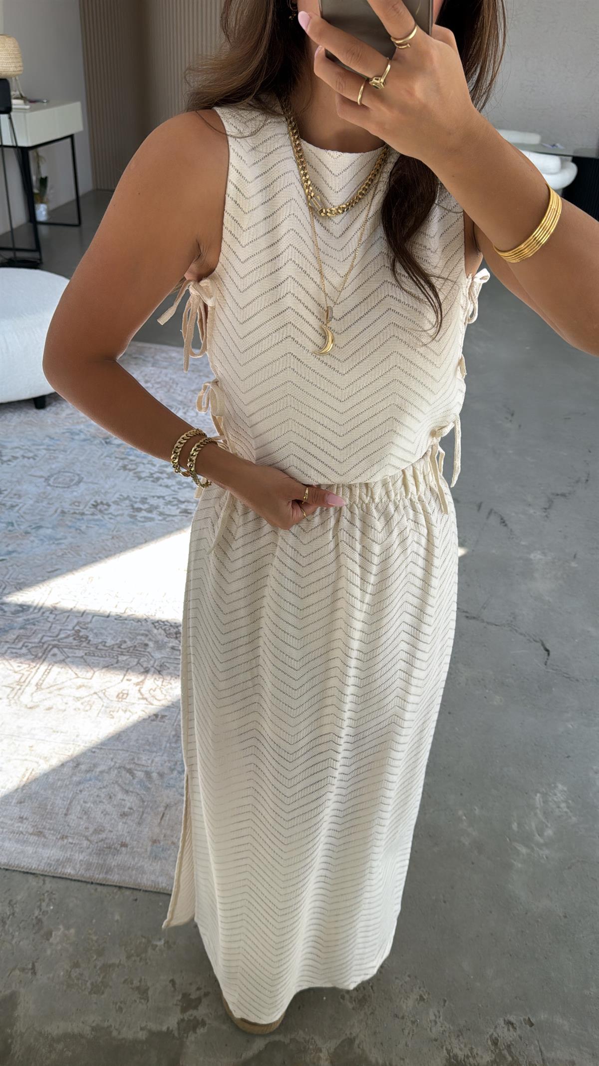 Ekru Ajurlu Etek Bluz Takım