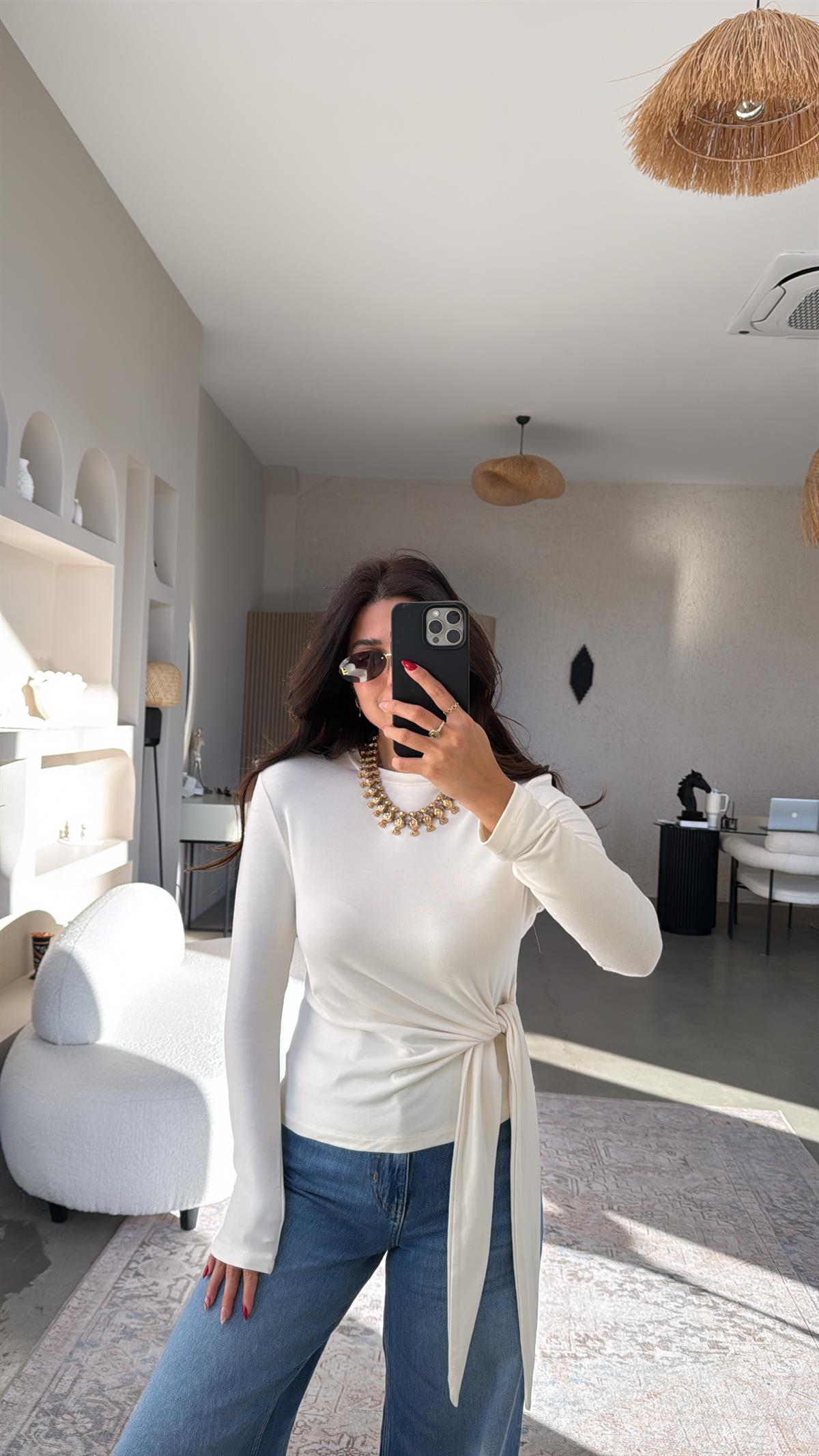 Ekru Bağlamalı İthal Kumaş Bluz