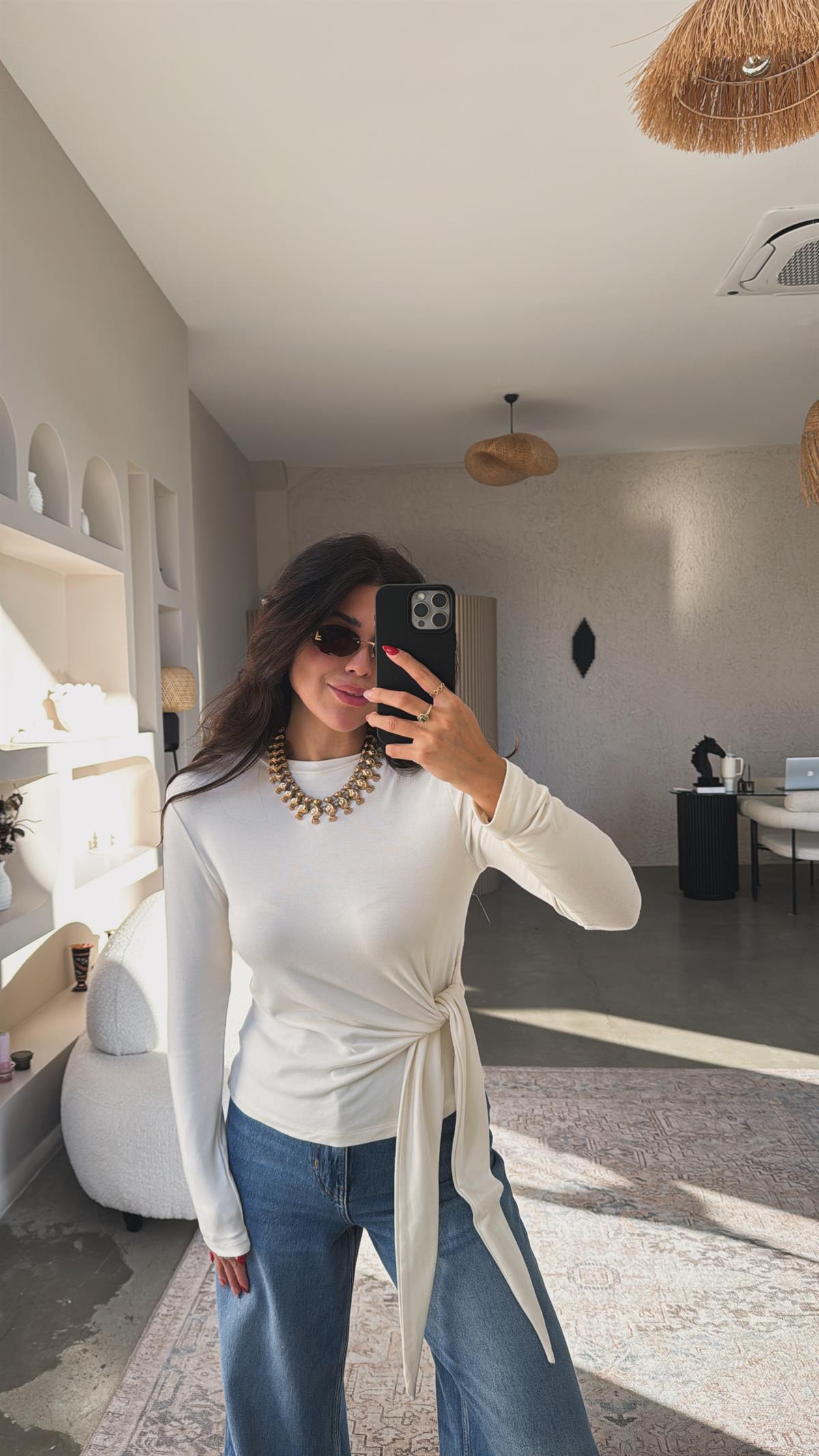 Ekru Bağlamalı İthal Kumaş Bluz