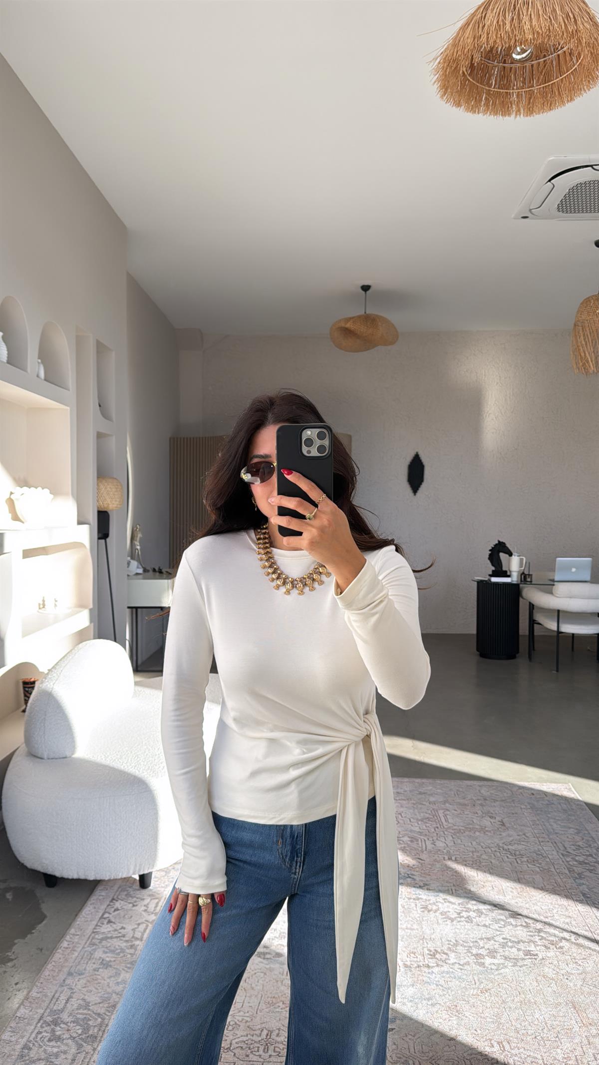 Ekru Bağlamalı İthal Kumaş Bluz