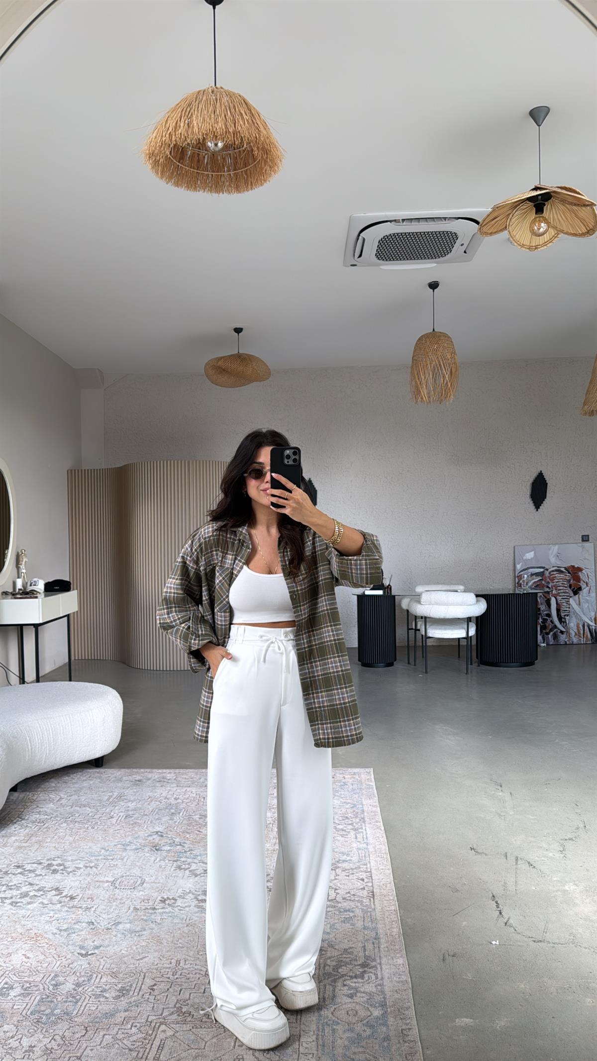 Ekru Beli İpli Modal Kumaş Rahat Pantolon
