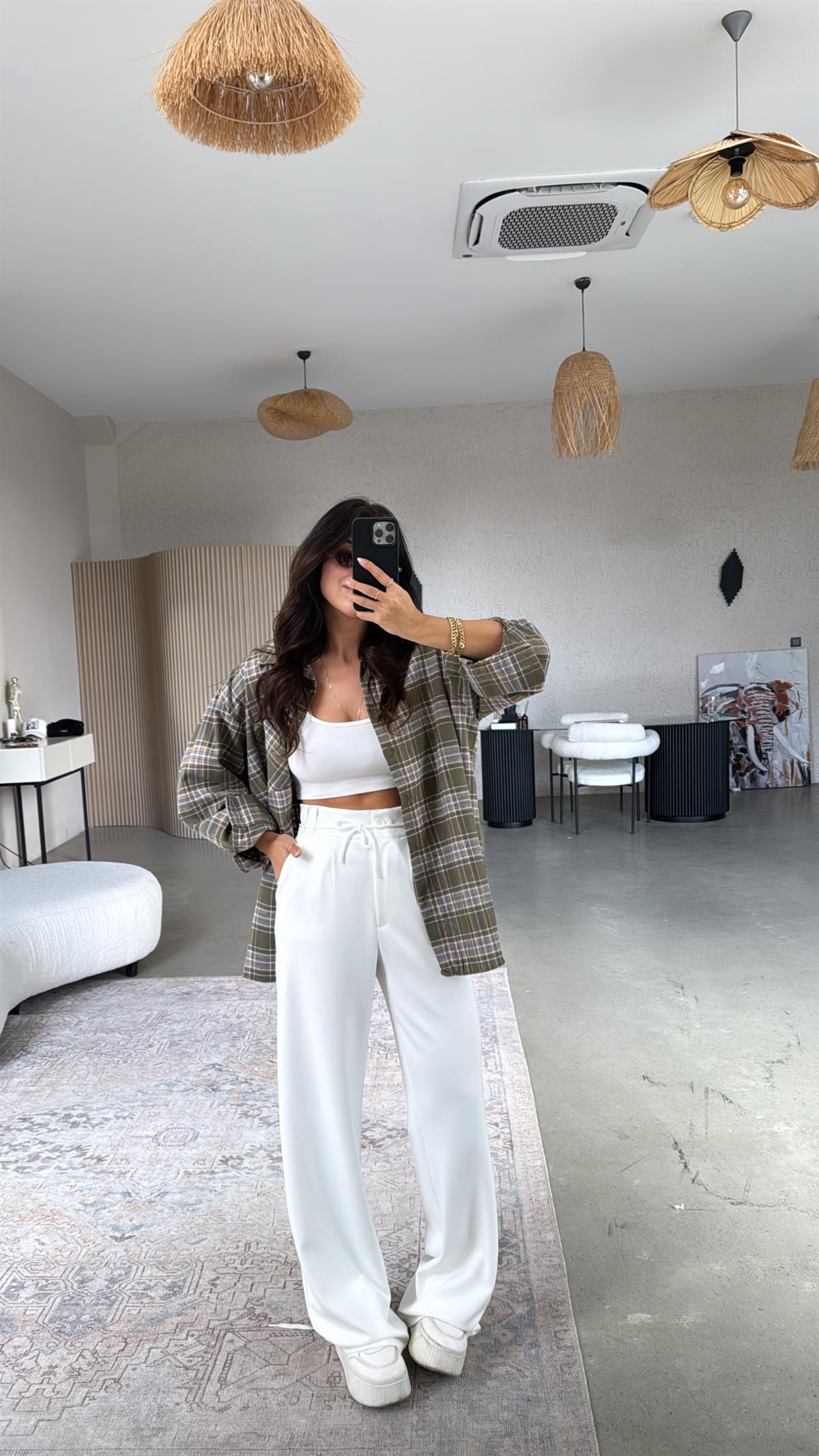 Ekru Beli İpli Modal Kumaş Rahat Pantolon