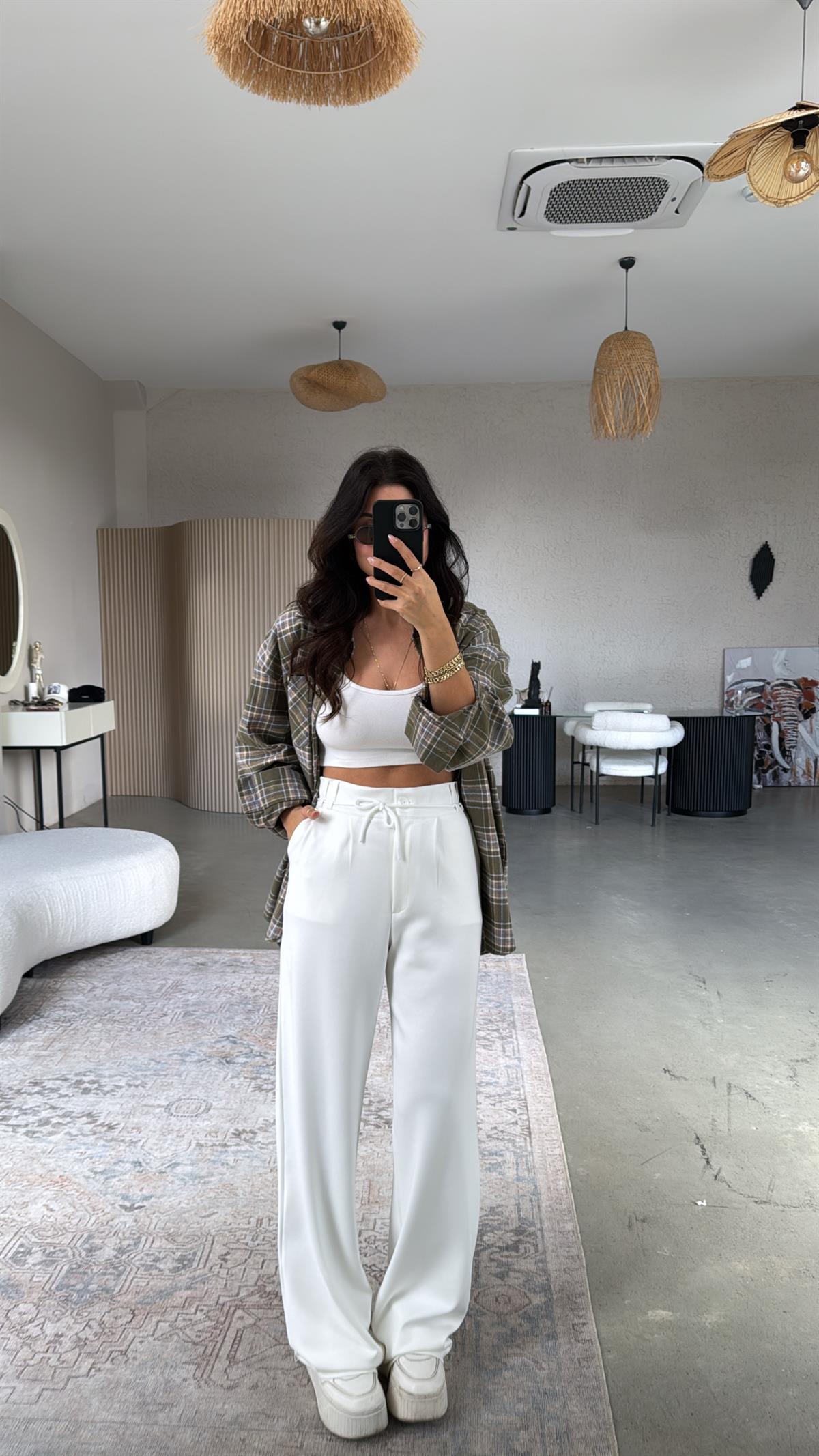 Ekru Beli İpli Modal Kumaş Rahat Pantolon