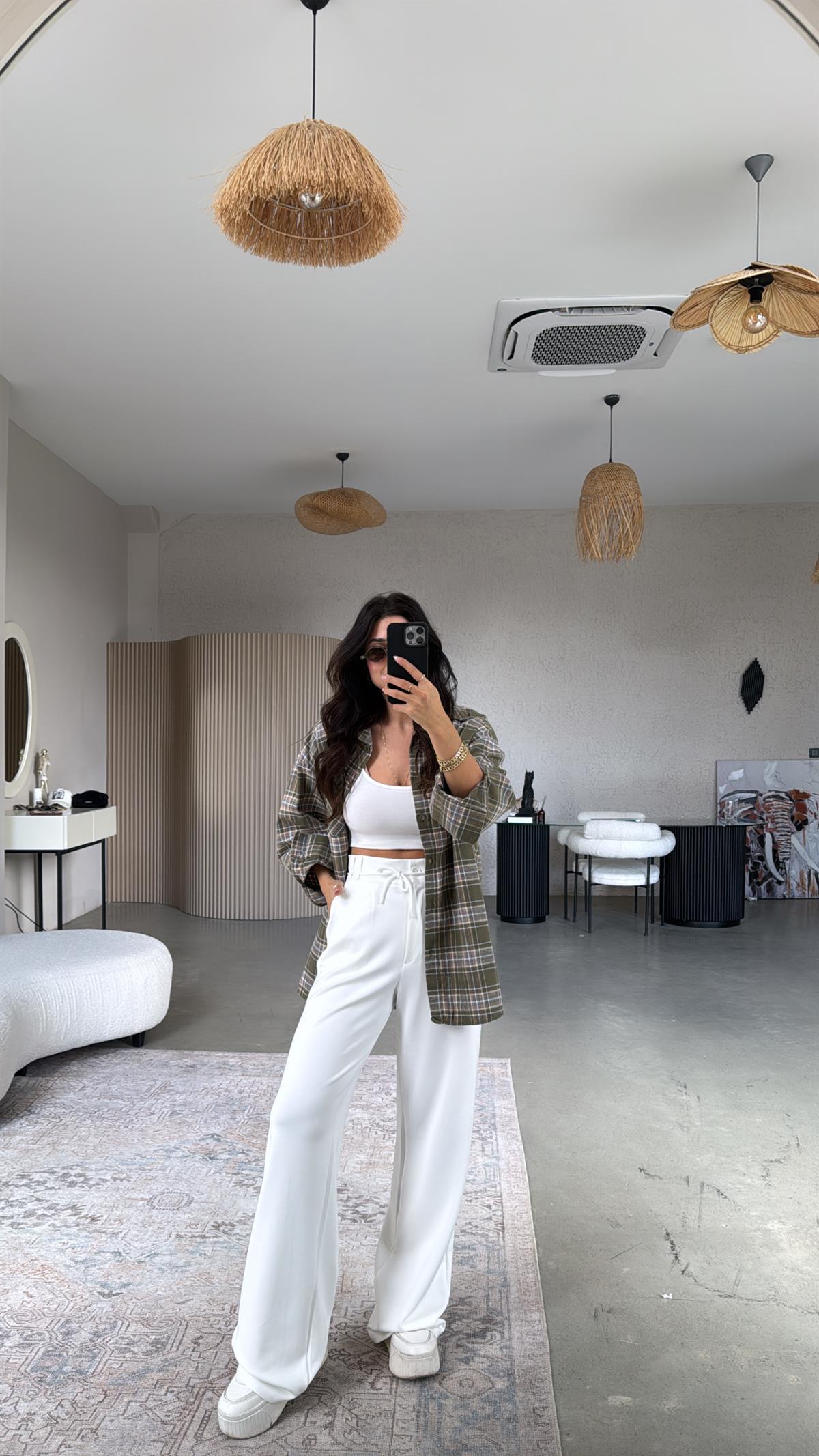 Ekru Beli İpli Modal Kumaş Rahat Pantolon