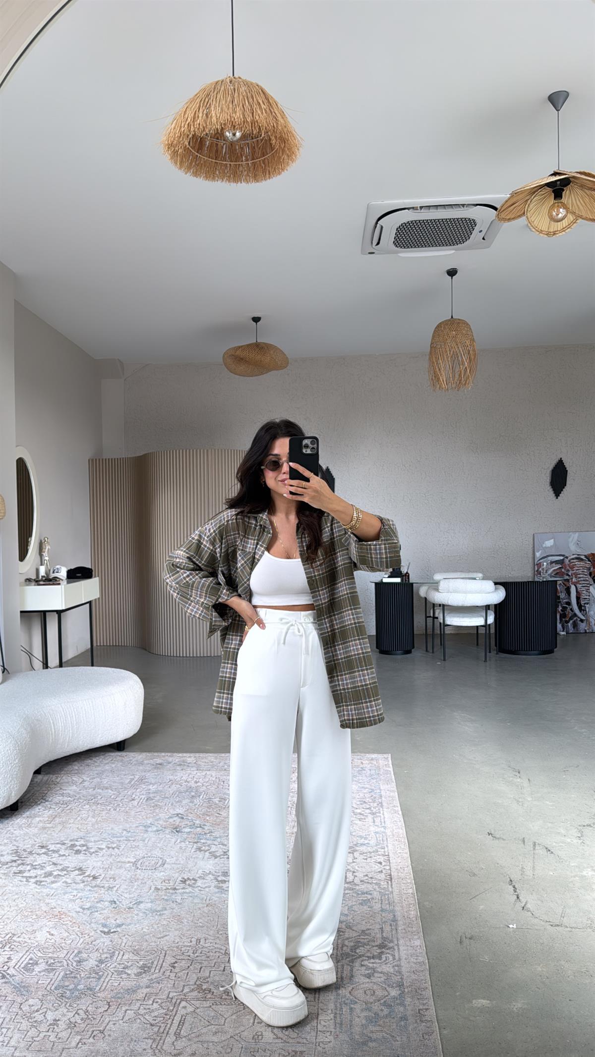 Ekru Beli İpli Modal Kumaş Rahat Pantolon