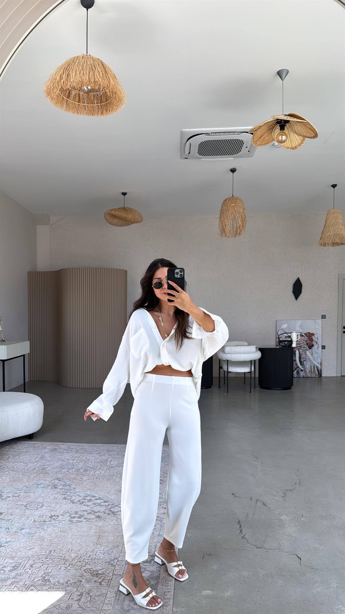 Ekru Beli Lastikli Balon Kumaş Pantolon