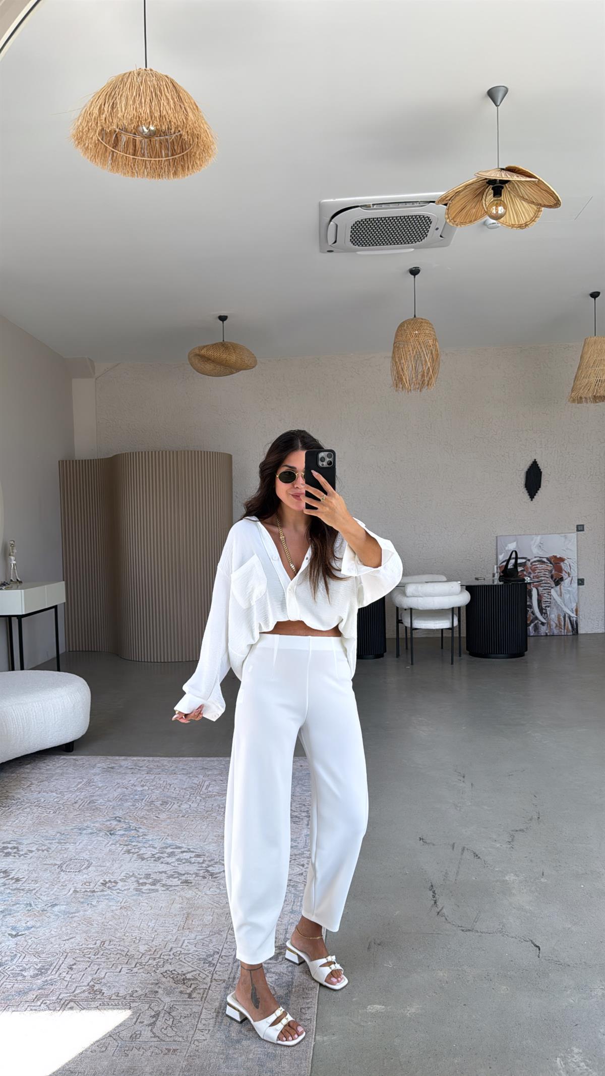 Ekru Beli Lastikli Balon Kumaş Pantolon