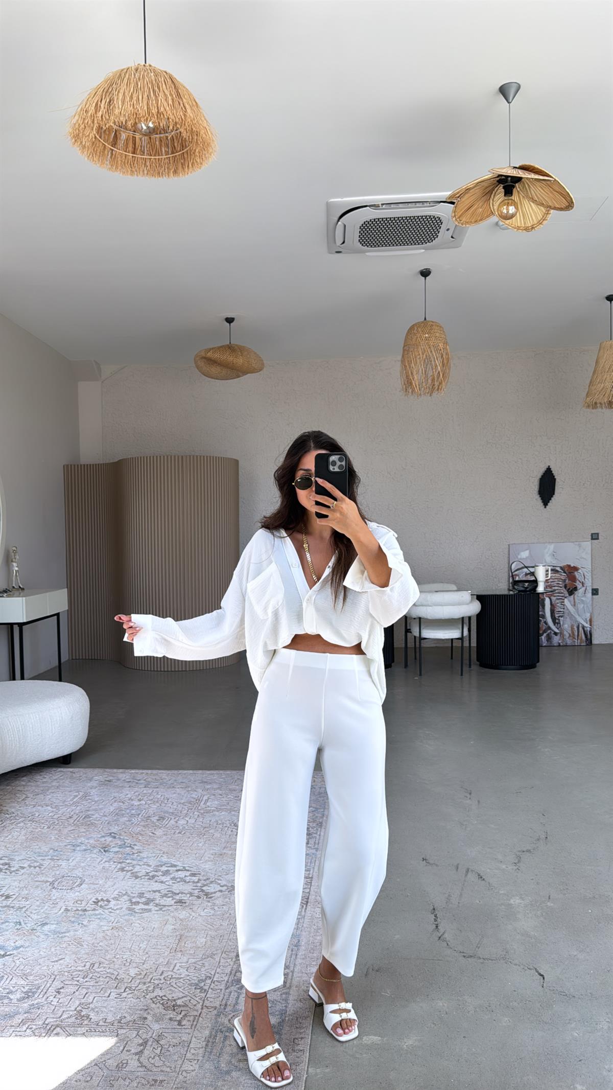 Ekru Beli Lastikli Balon Kumaş Pantolon