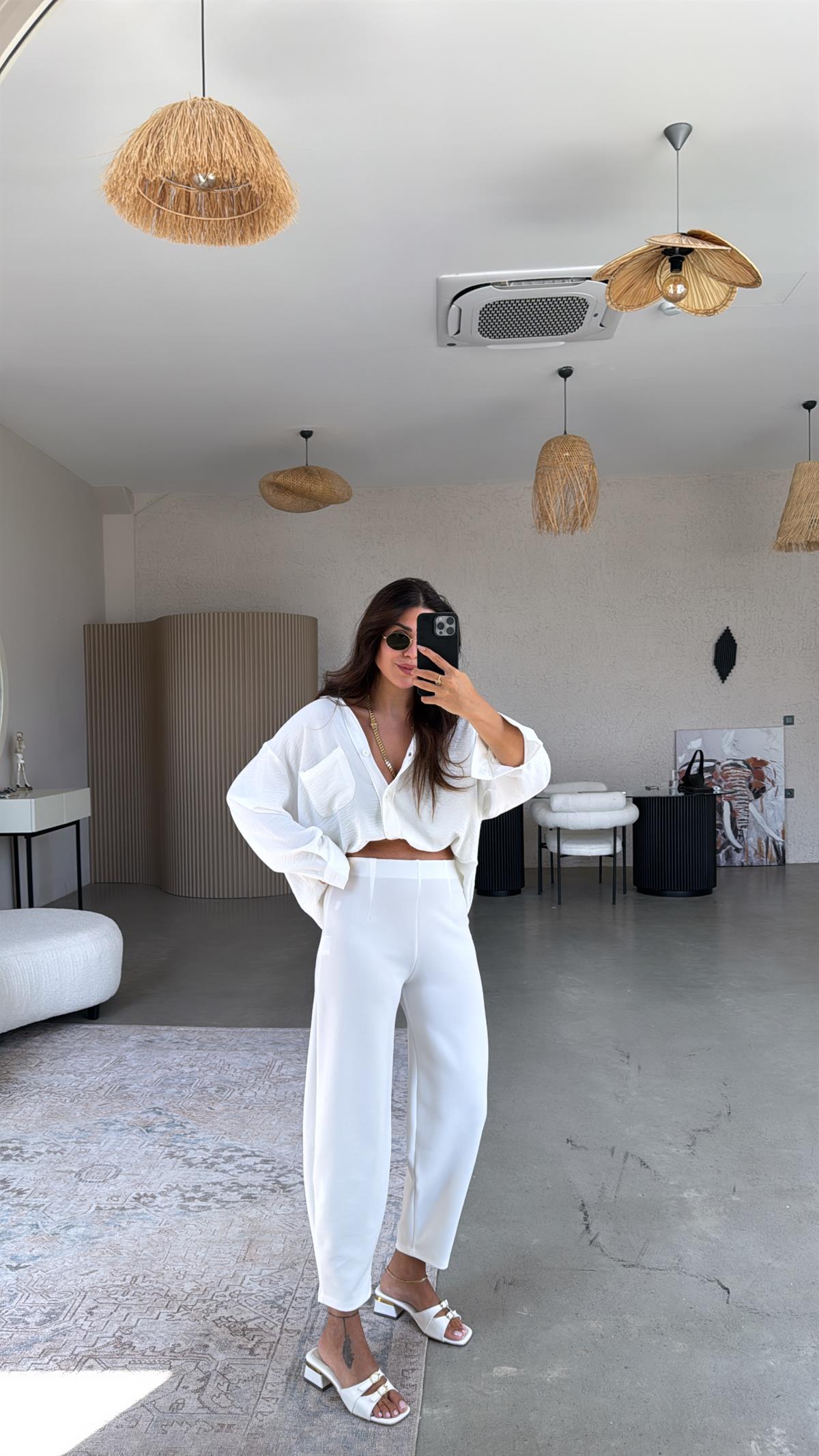 Ekru Beli Lastikli Balon Kumaş Pantolon