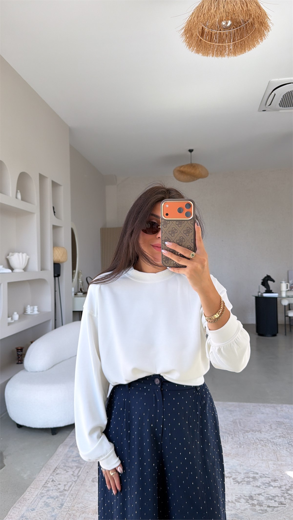 Ekru Bisiklet Yaka Crop Modal Basic Sweatshirt