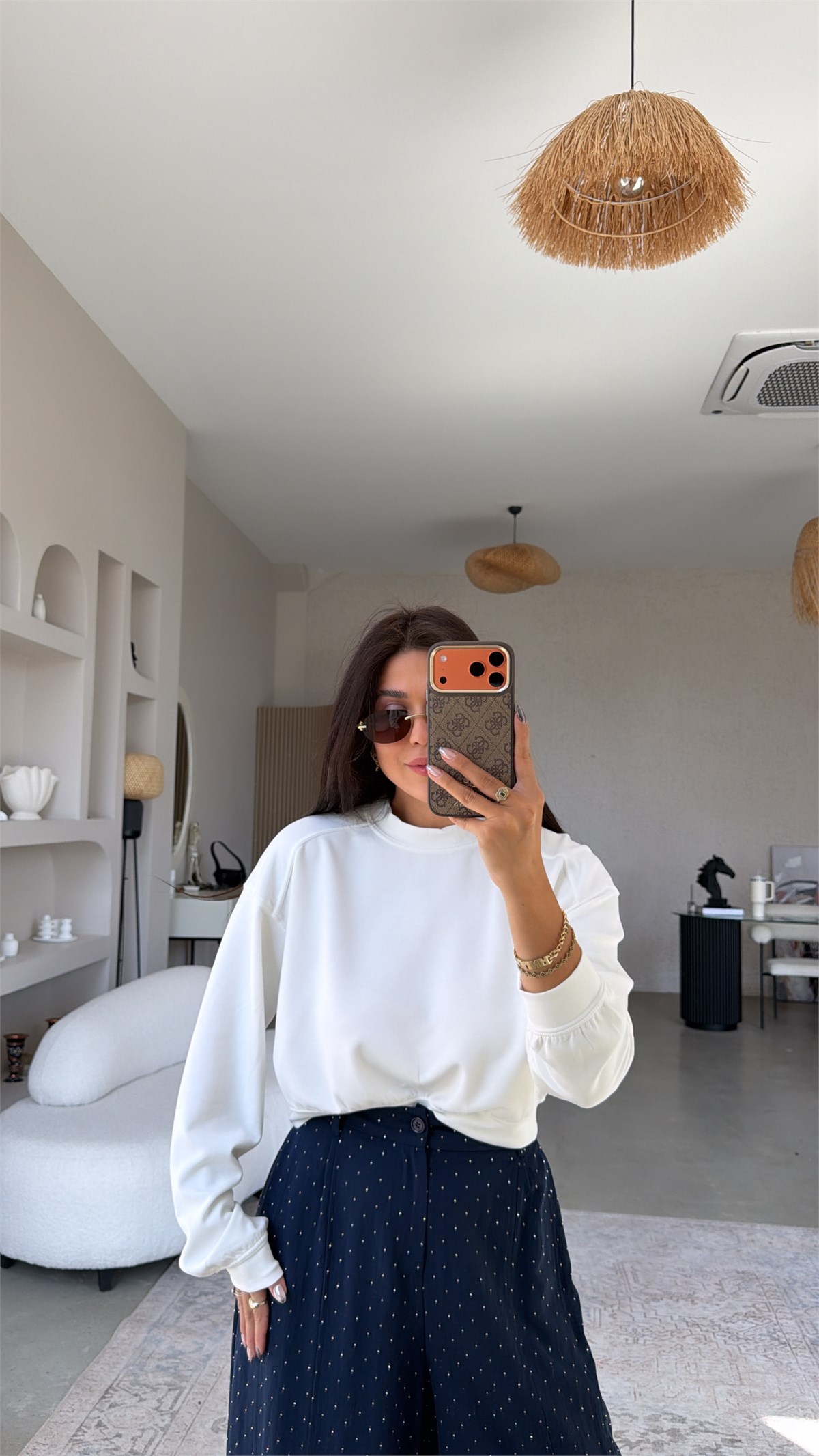 Ekru Bisiklet Yaka Crop Modal Basic Sweatshirt