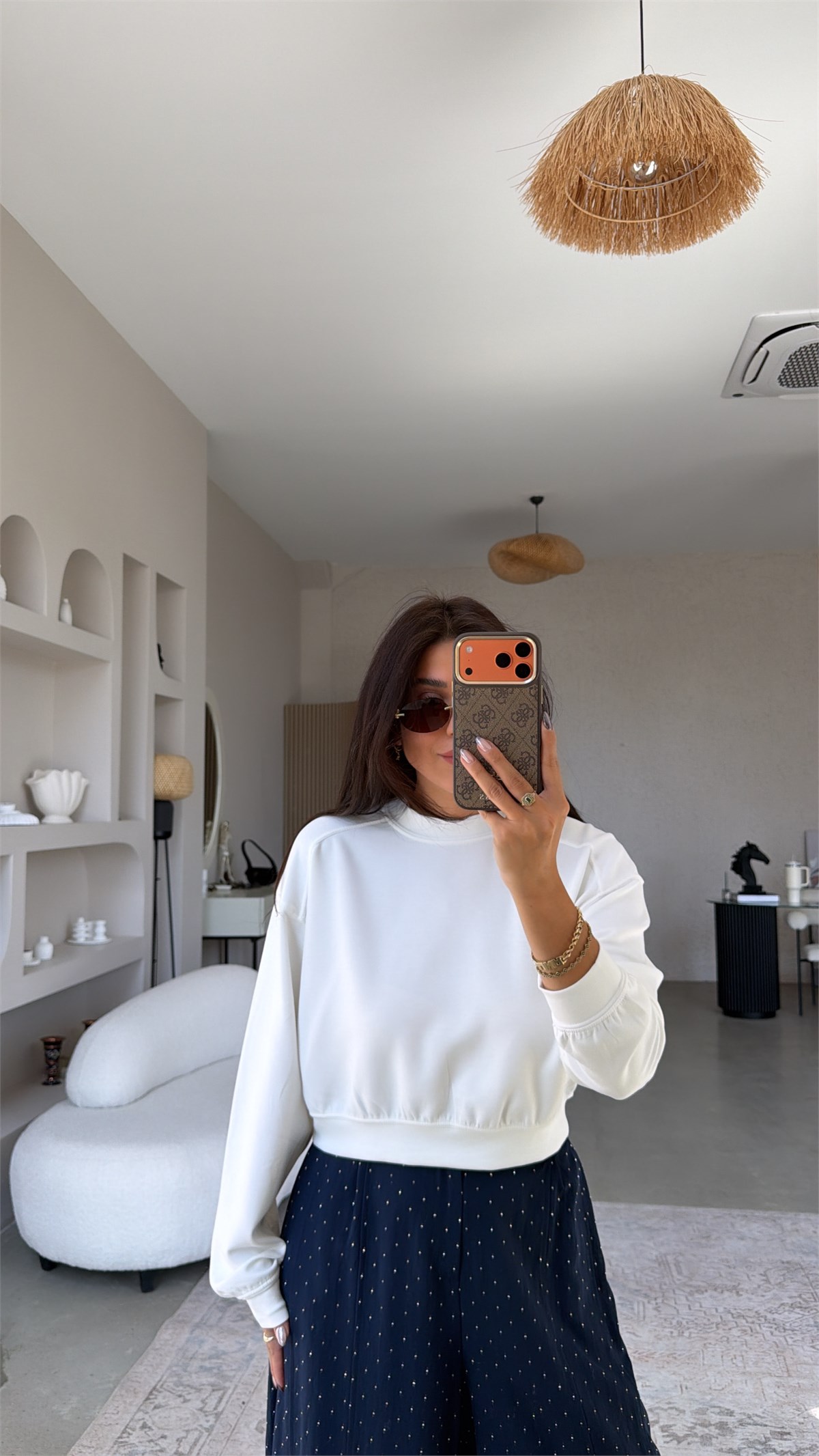 Ekru Bisiklet Yaka Crop Modal Basic Sweatshirt