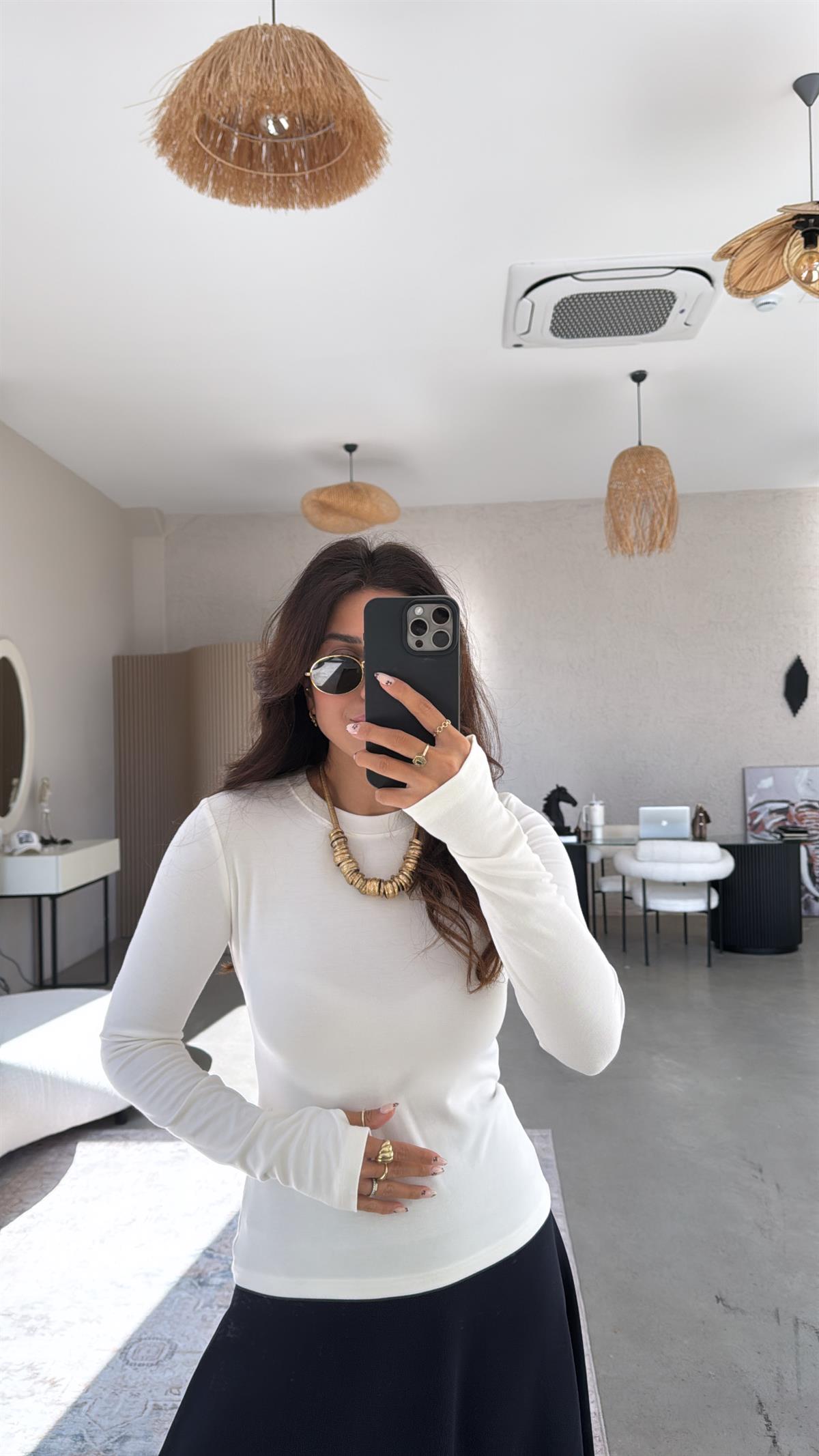 Ekru Bisiklet Yaka Parmak Geçme Bluz