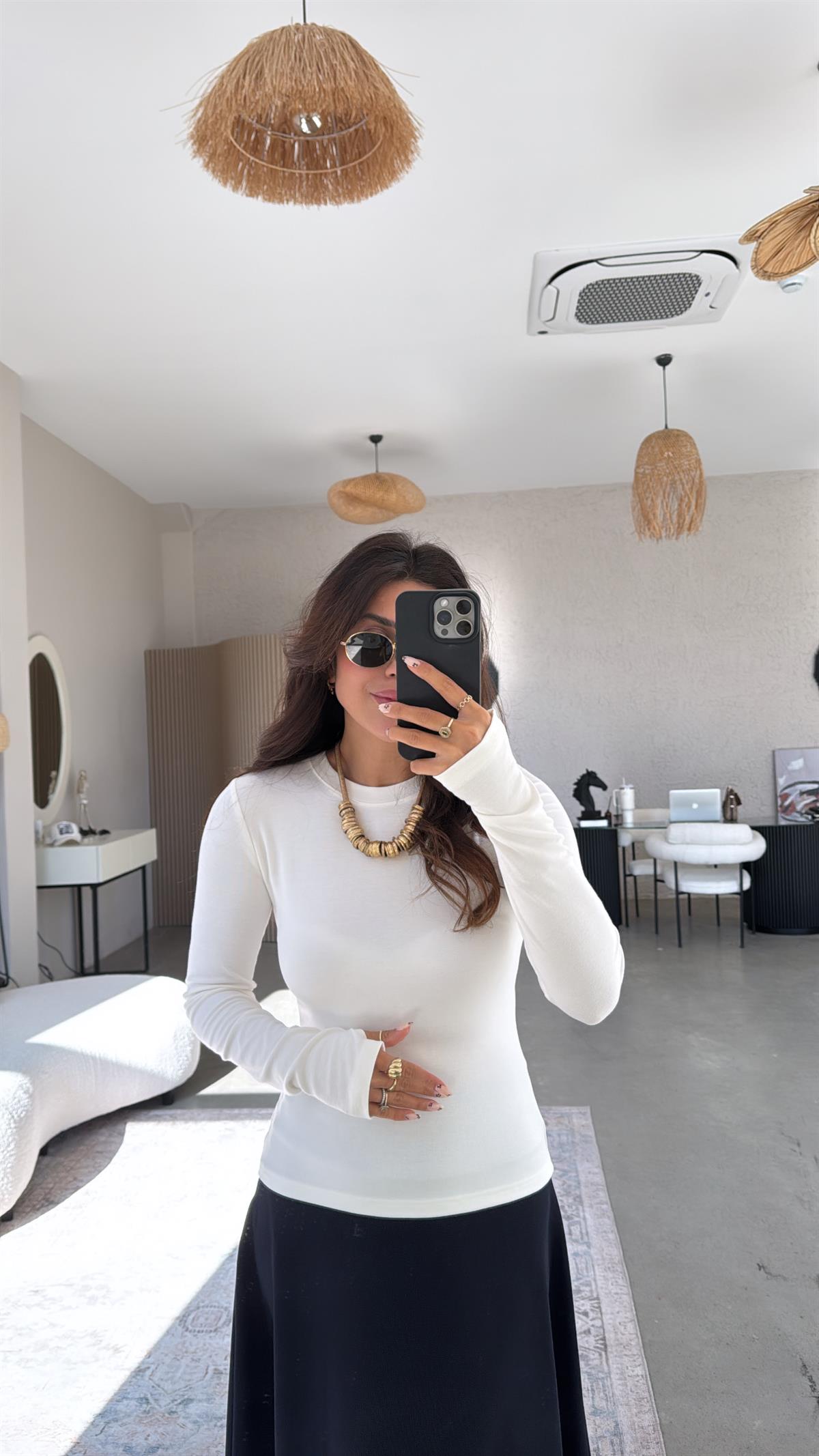 Ekru Bisiklet Yaka Parmak Geçme Bluz