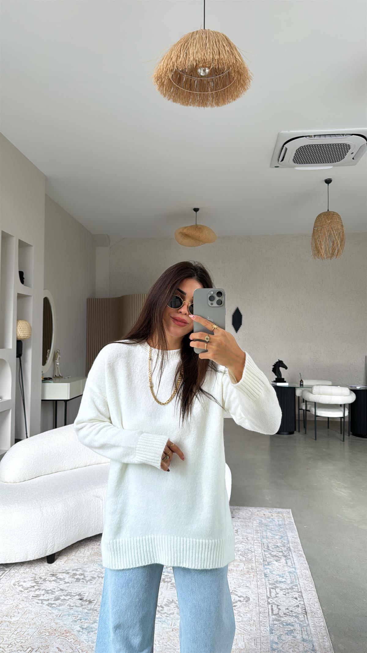 Ekru Bisiklet Yaka Yumoş Kazak