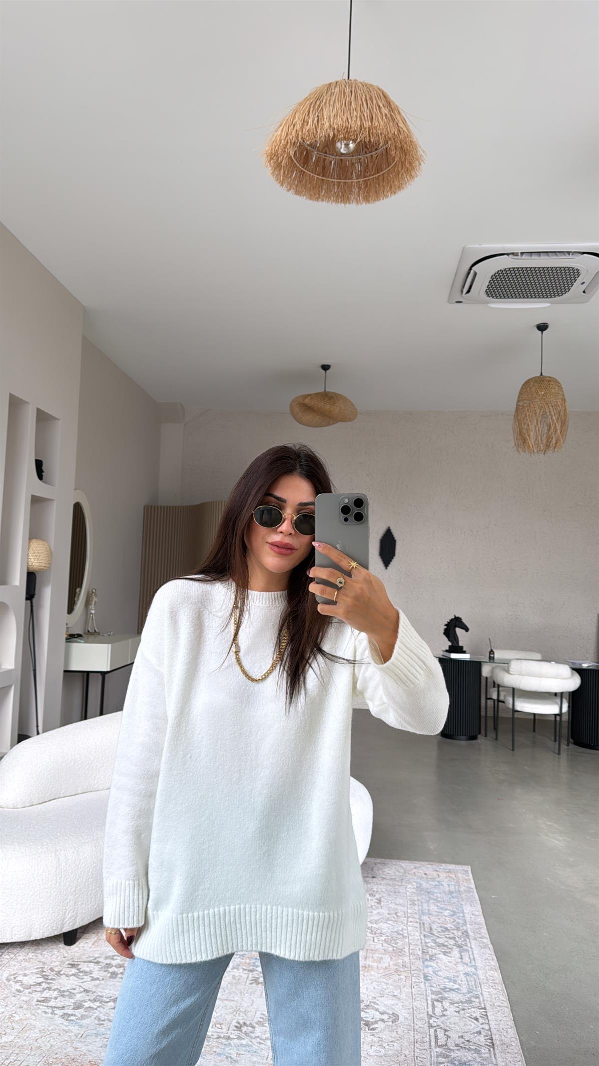 Ekru Bisiklet Yaka Yumoş Kazak