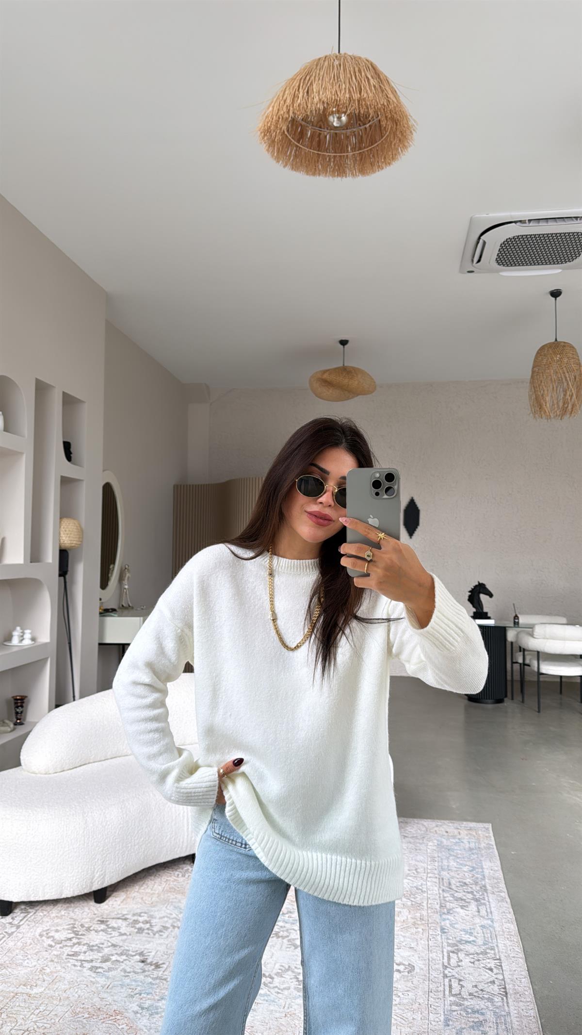 Ekru Bisiklet Yaka Yumoş Kazak