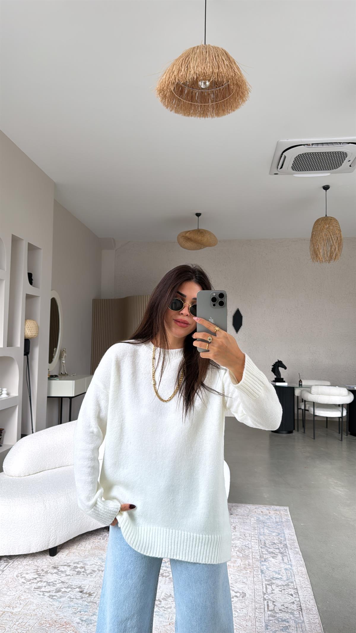 Ekru Bisiklet Yaka Yumoş Kazak