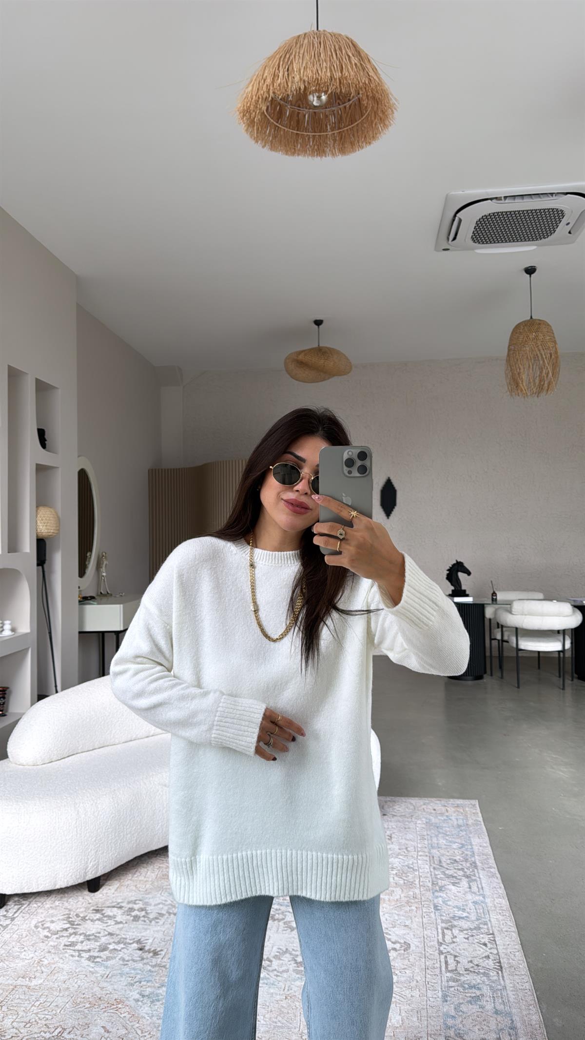 Ekru Bisiklet Yaka Yumoş Kazak