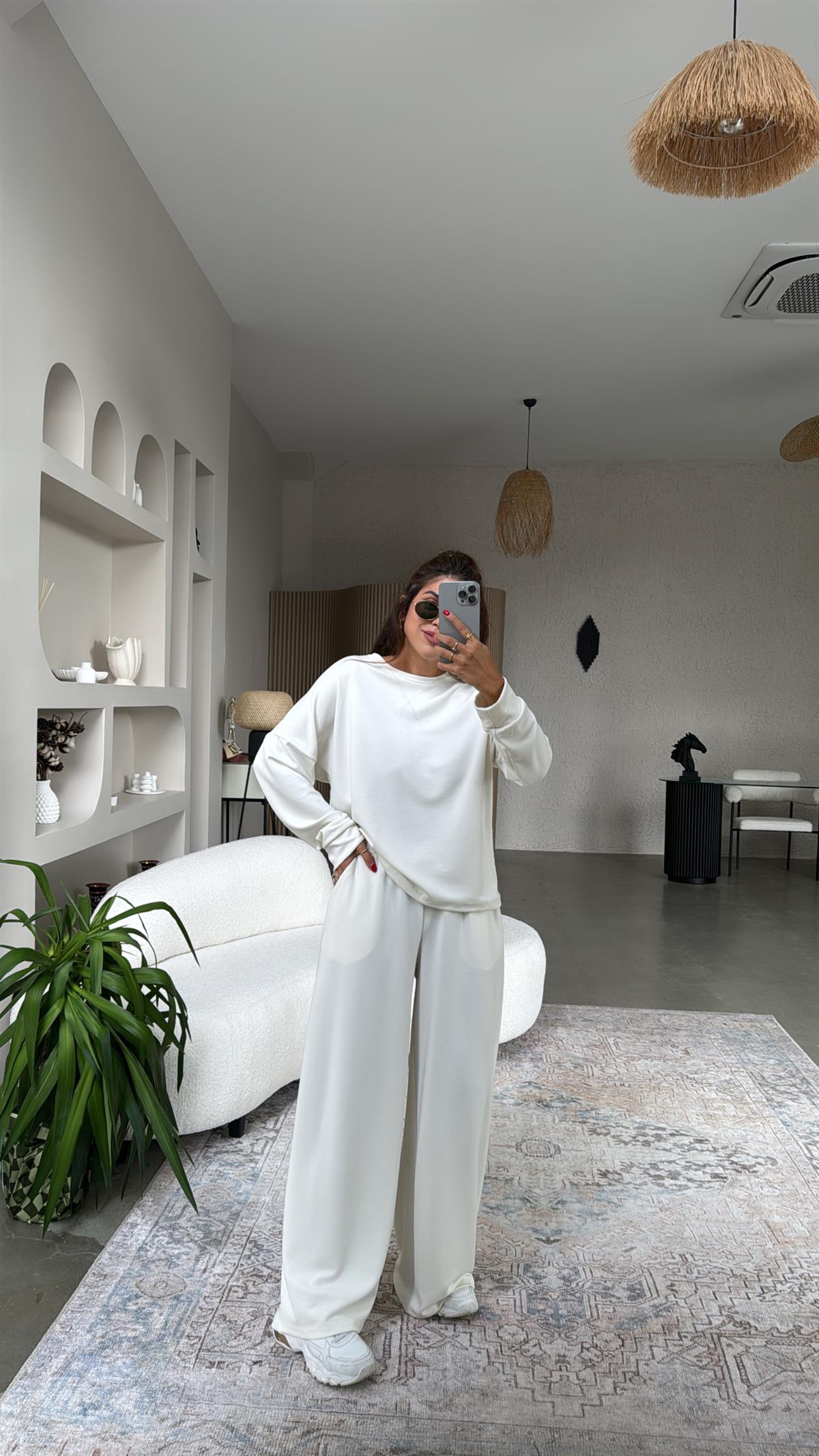 Ekru Bol Paça Sweatshirt Eşofman Takım