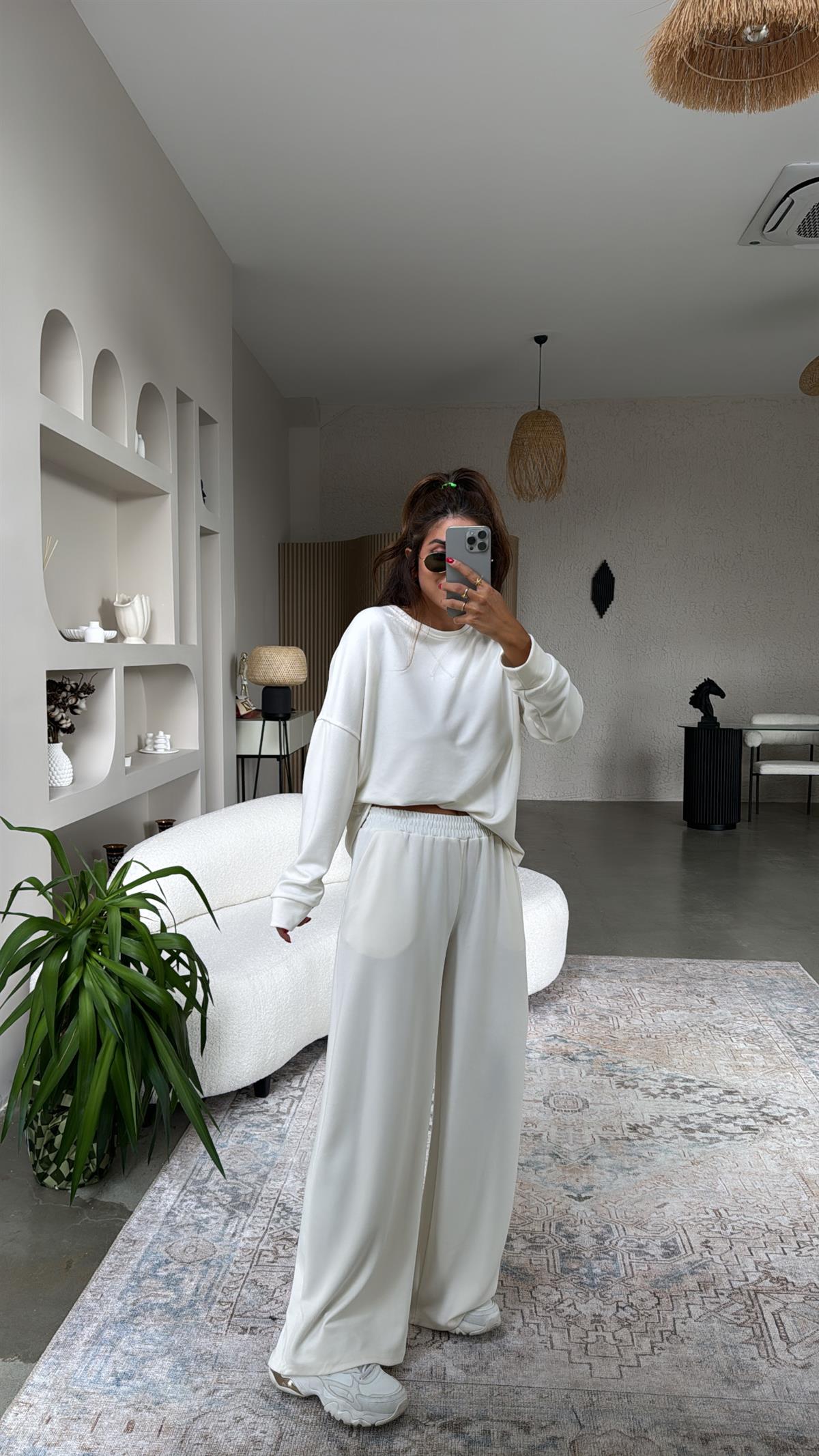 Ekru Bol Paça Sweatshirt Eşofman Takım