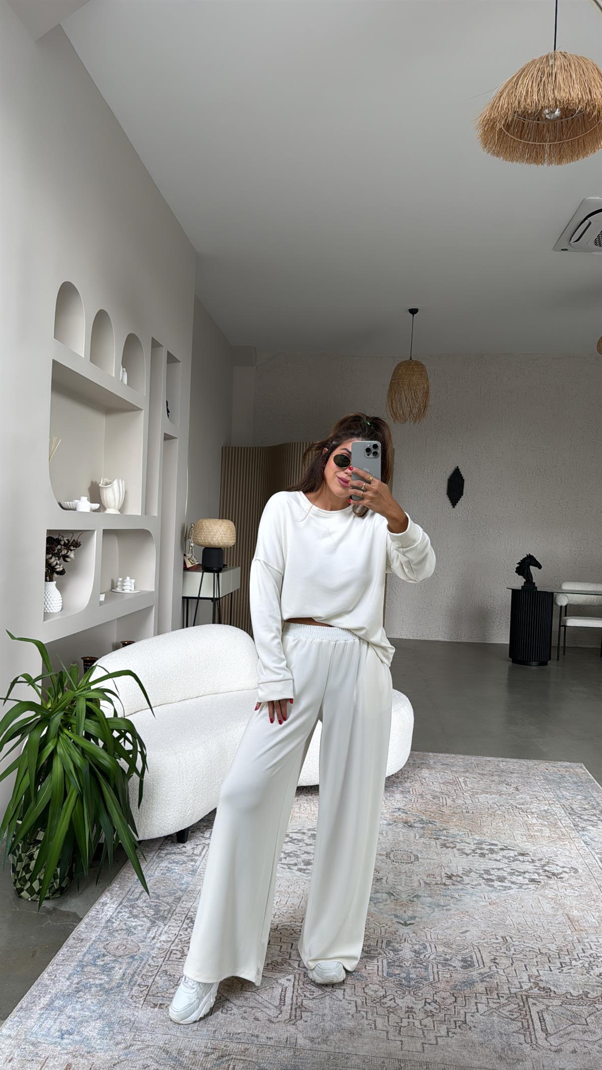 Ekru Bol Paça Sweatshirt Eşofman Takım