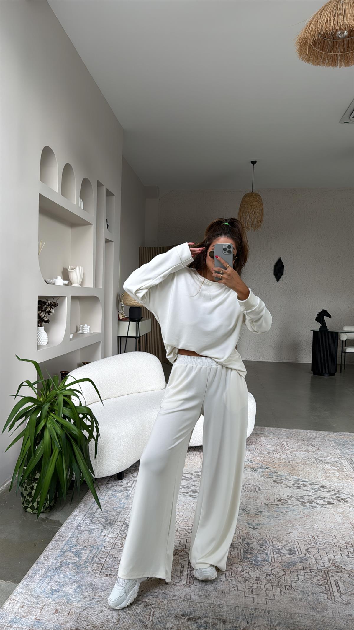 Ekru Bol Paça Sweatshirt Eşofman Takım