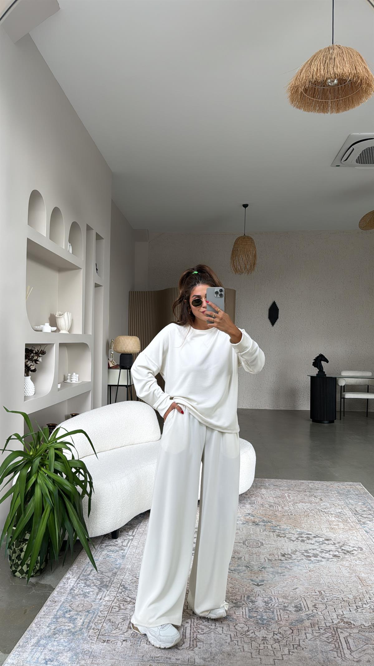 Ekru Bol Paça Sweatshirt Eşofman Takım