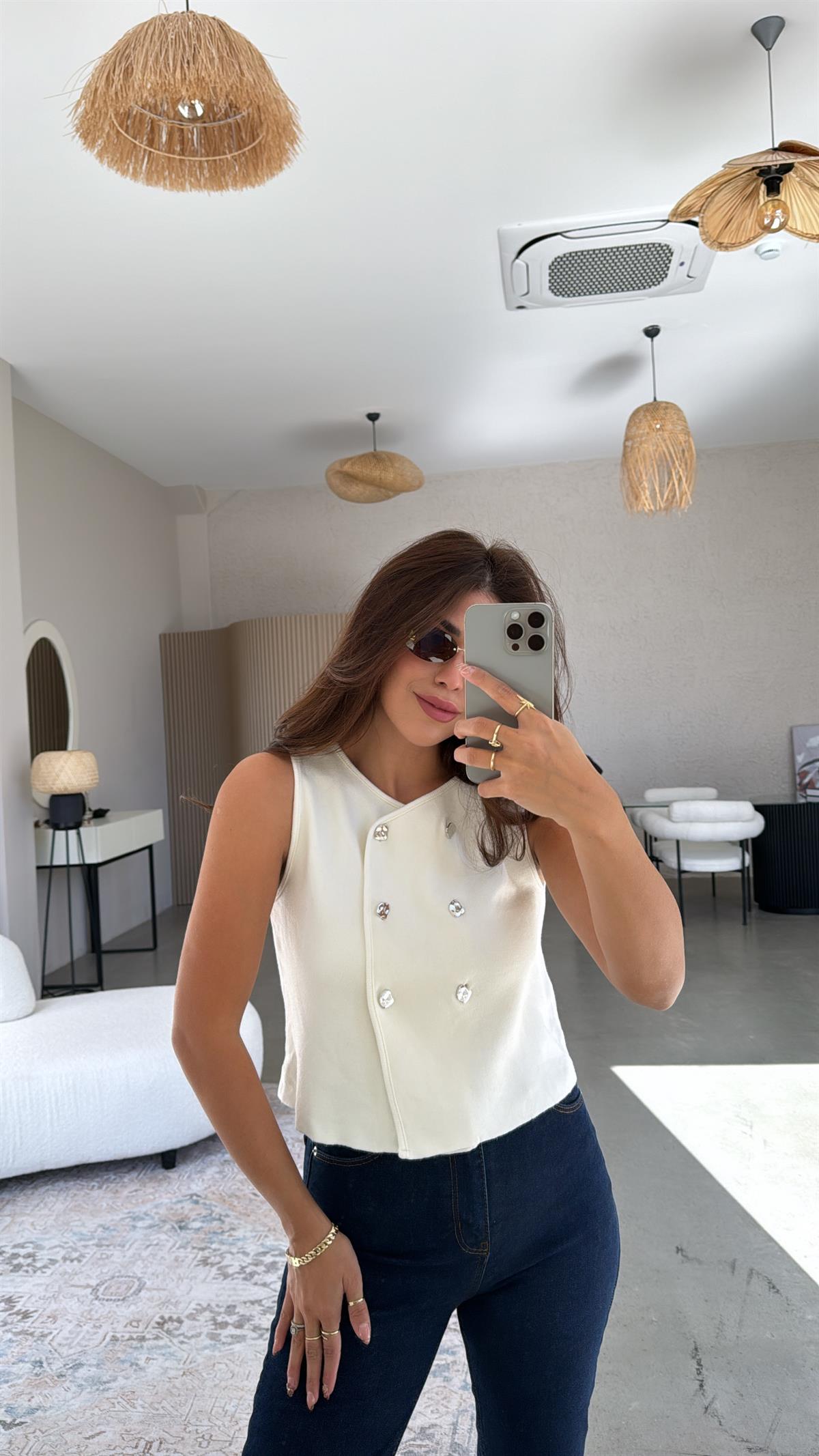 Ekru Çift Sıra Düğmeli Triko Yelek