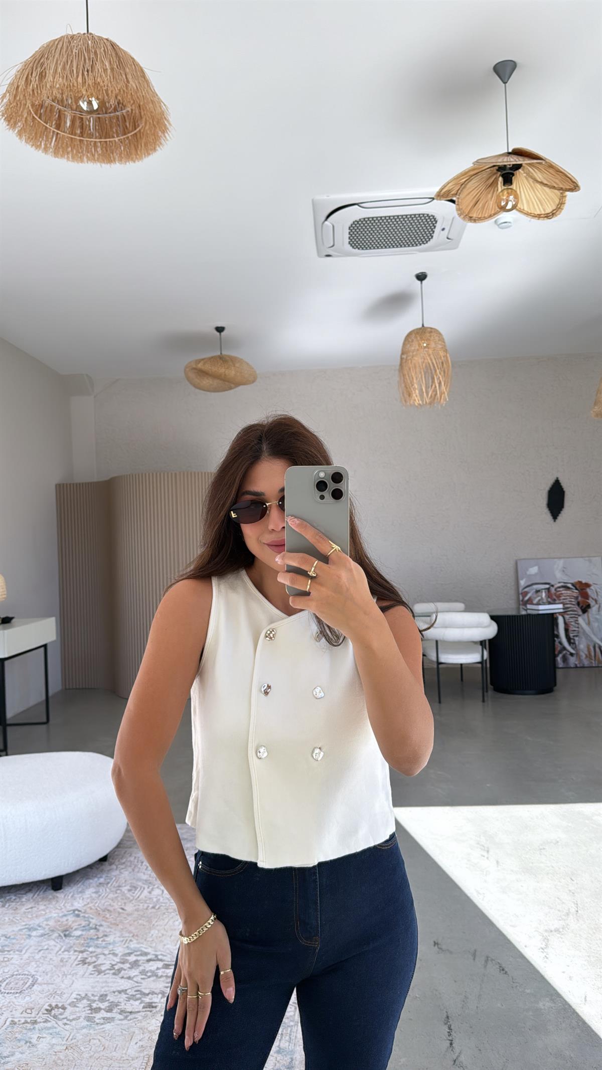 Ekru Çift Sıra Düğmeli Triko Yelek