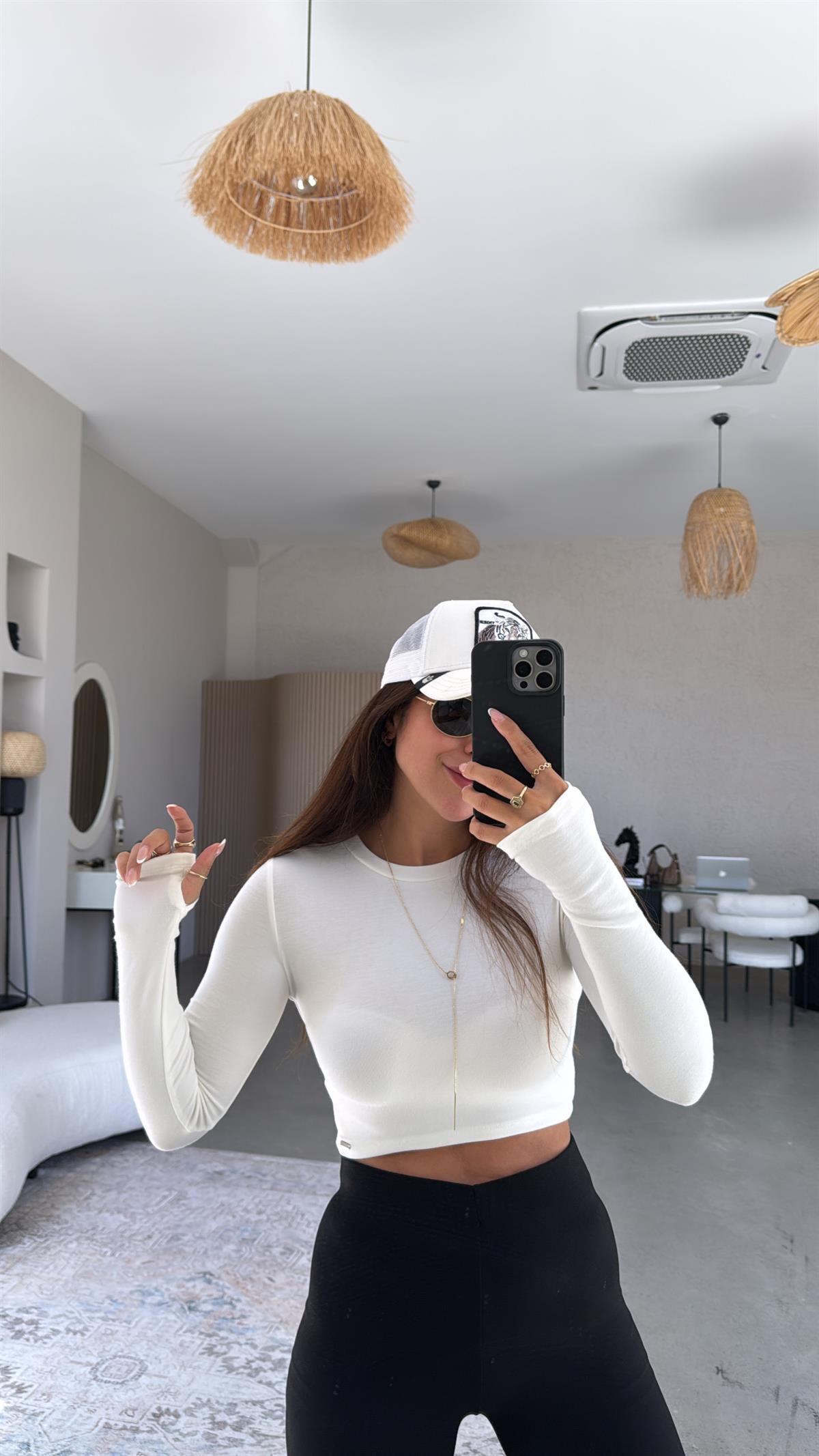 Ekru Crop Parmak Geçme Body