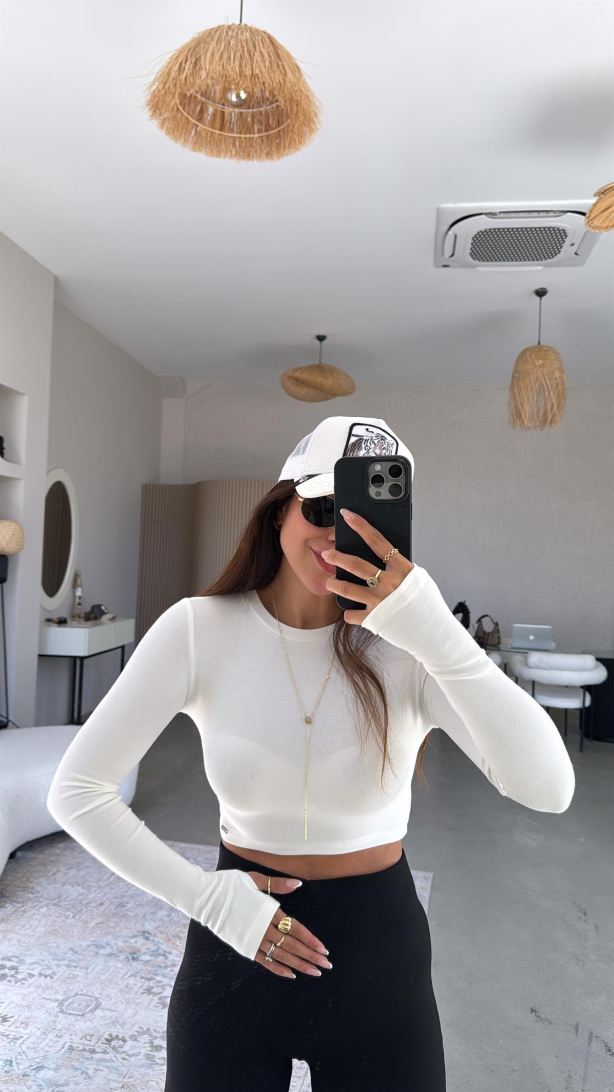 Ekru Crop Parmak Geçme Body