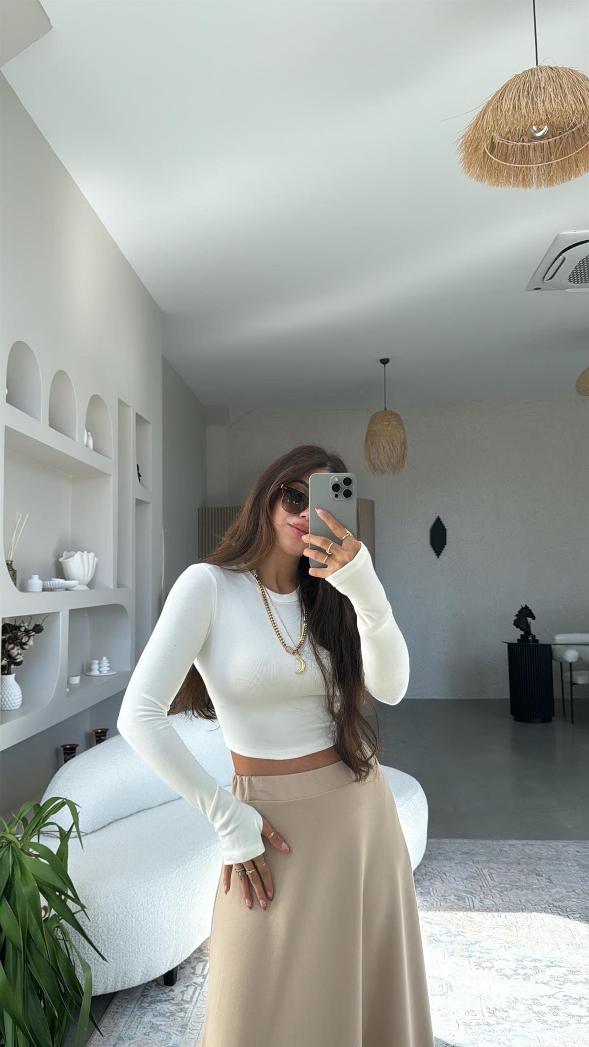 Ekru Crop Parmak Geçme İthal Body