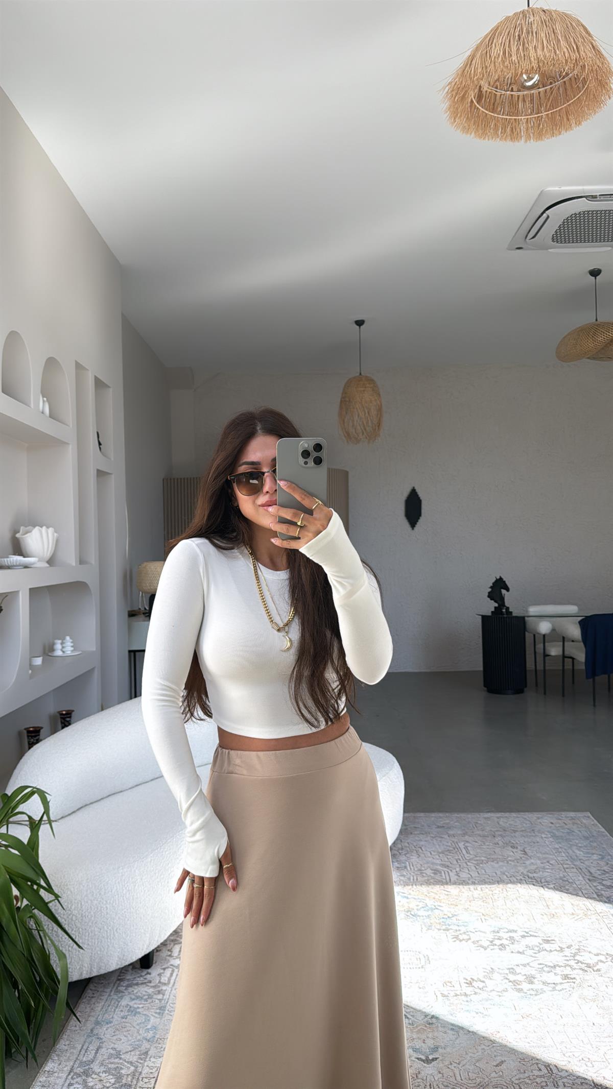 Ekru Crop Parmak Geçme İthal Body