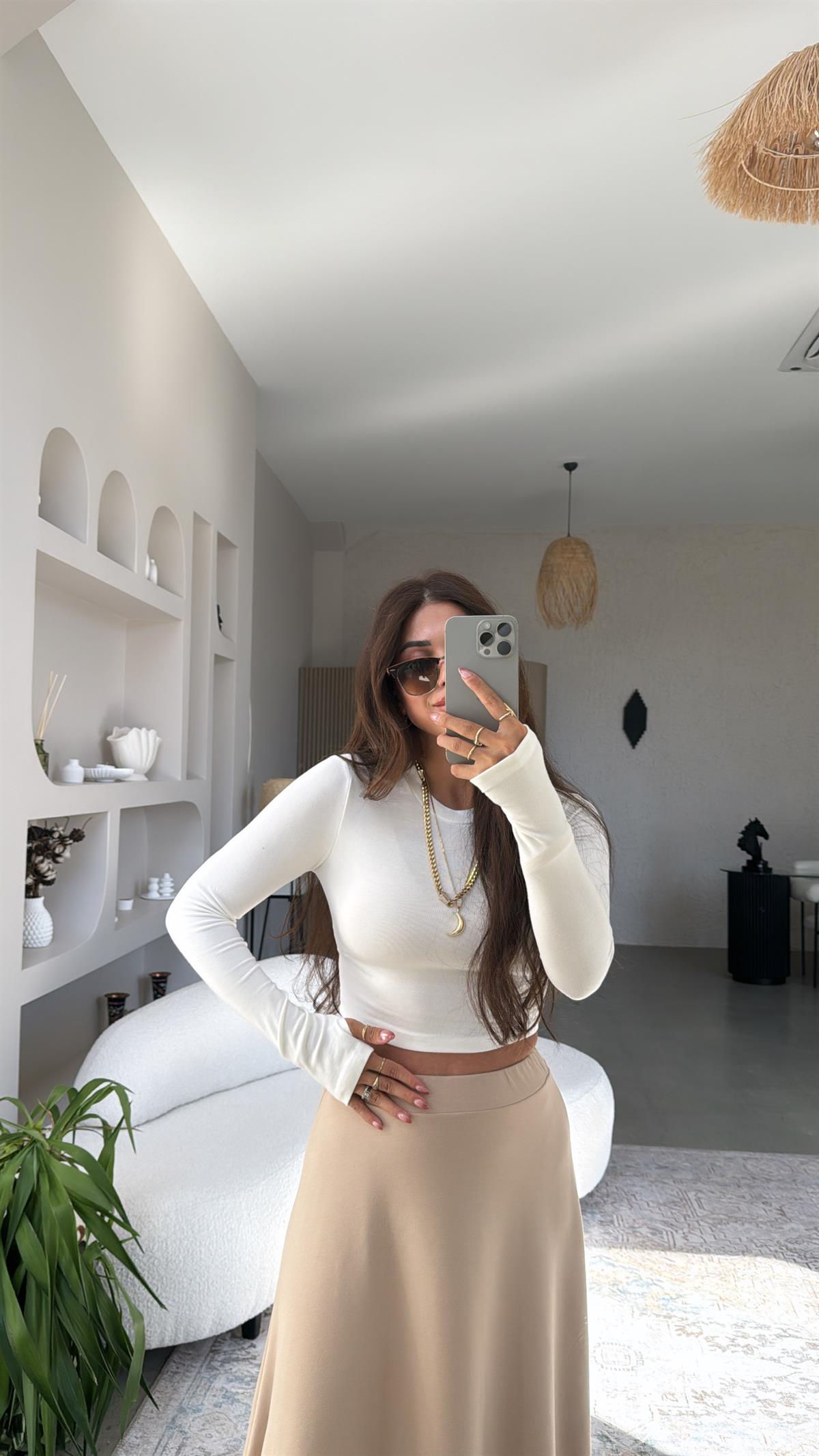 Ekru Crop Parmak Geçme İthal Body