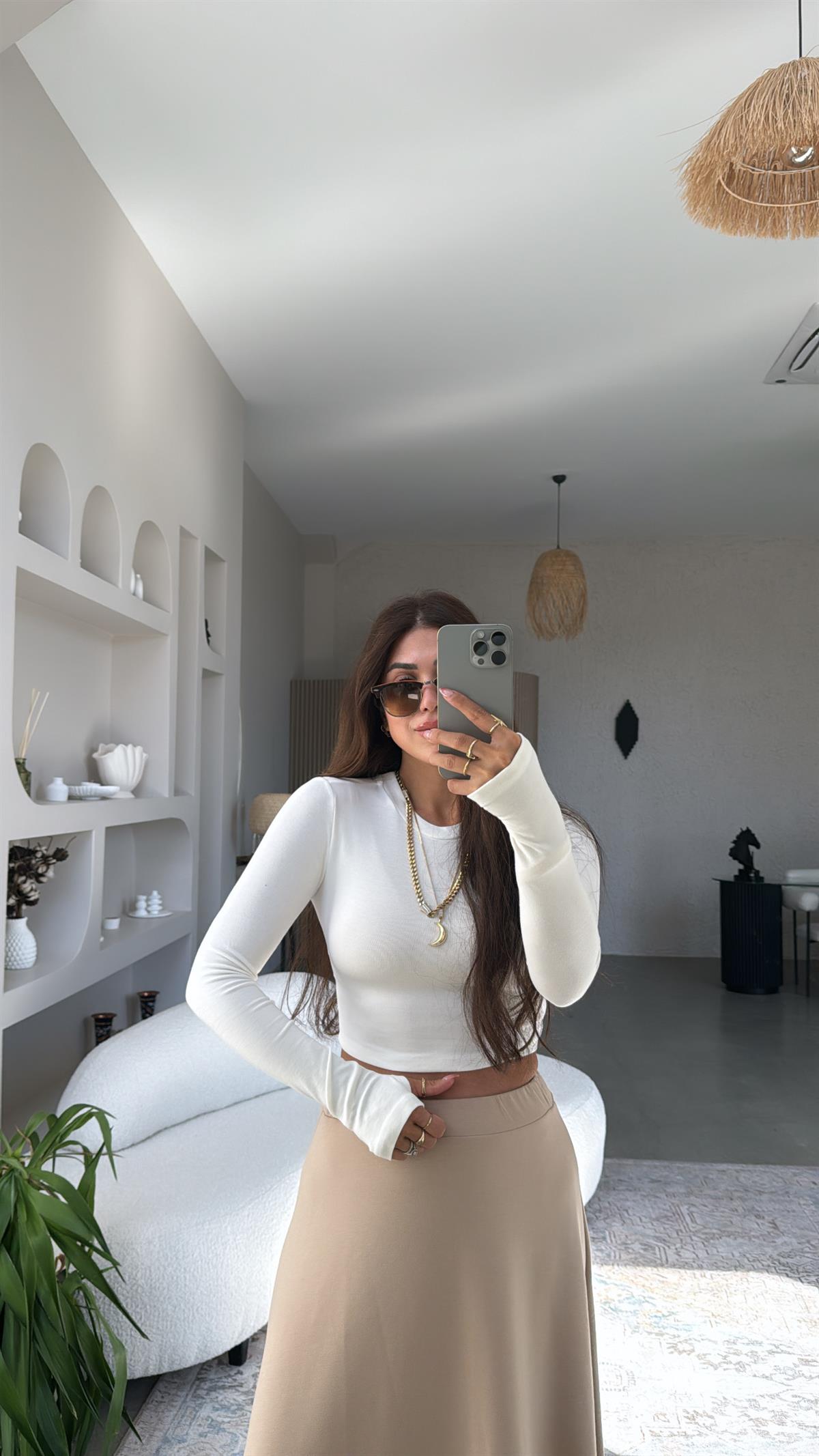 Ekru Crop Parmak Geçme İthal Body