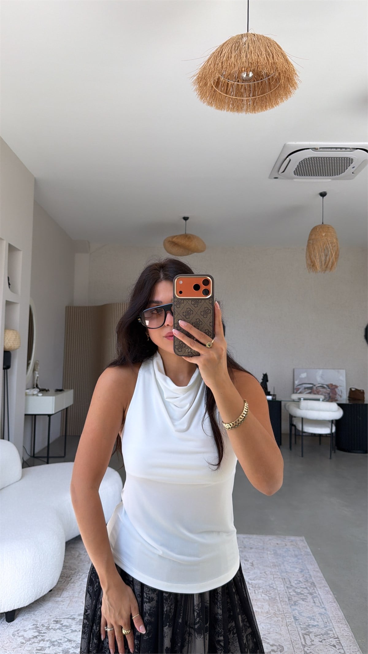 Ekru Degaje Ense Düğmeli Bluz