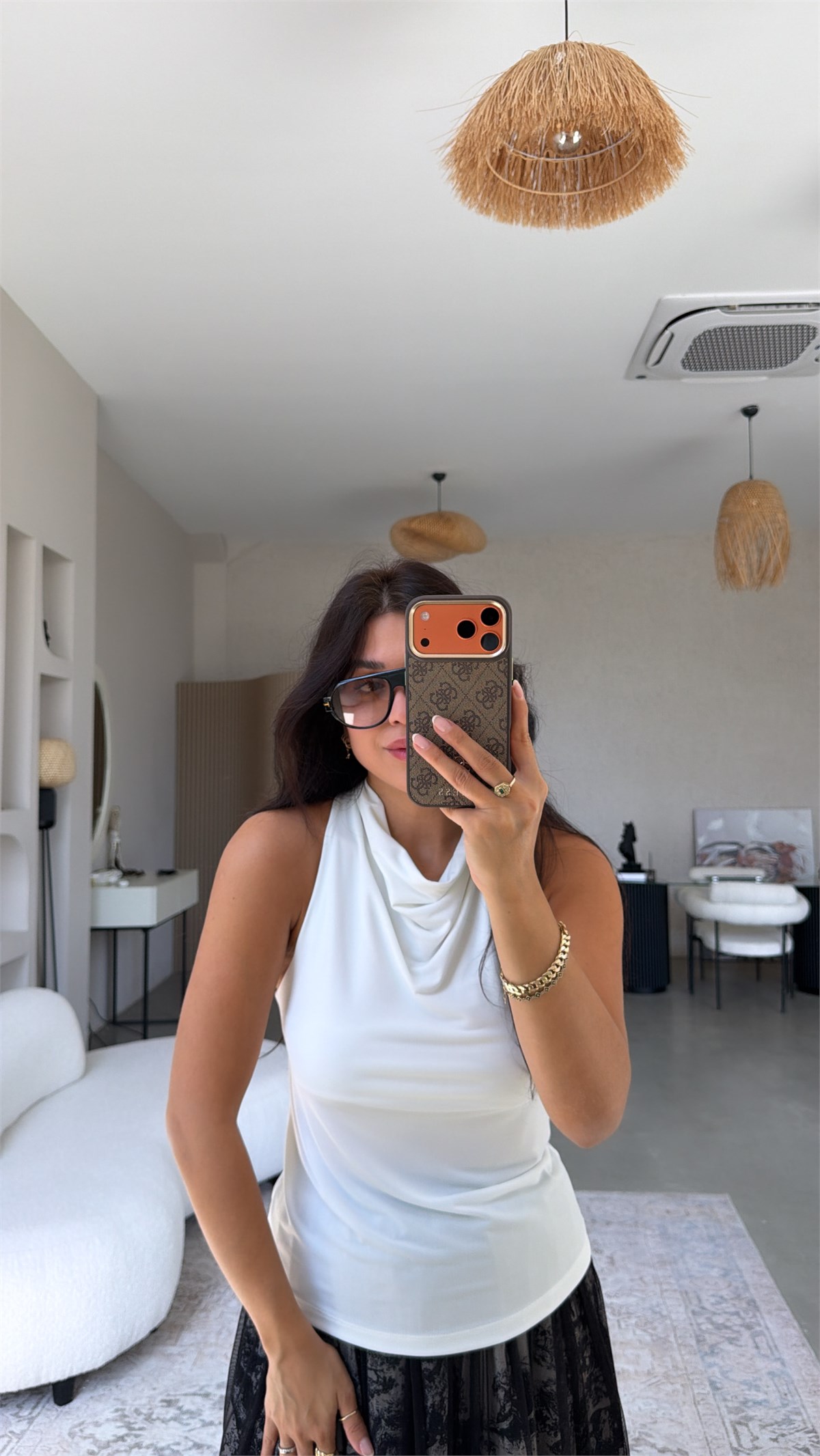 Ekru Degaje Ense Düğmeli Bluz