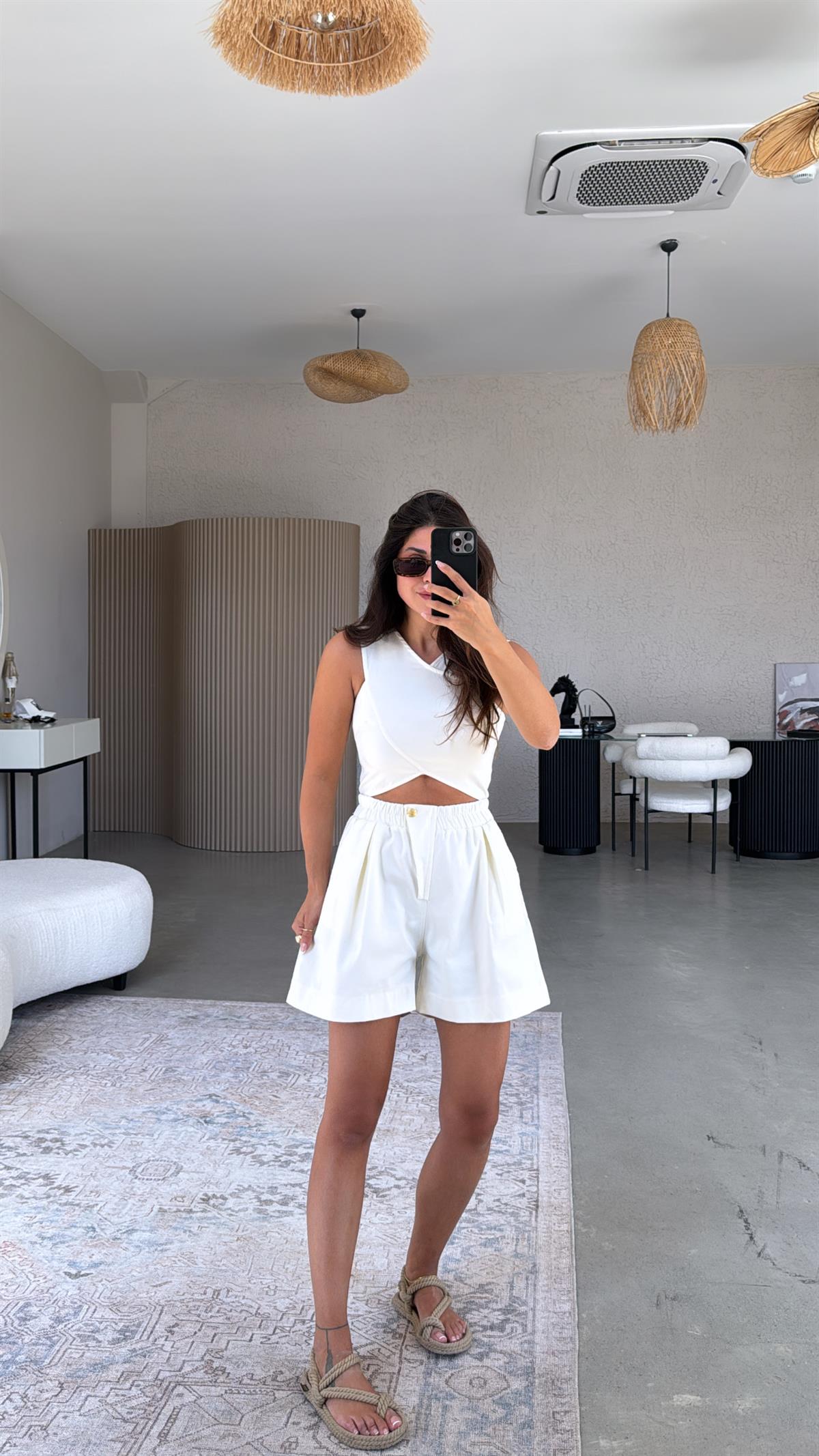 Ekru Denim Gold Detay Şort Çapraz Büstiyer Takım