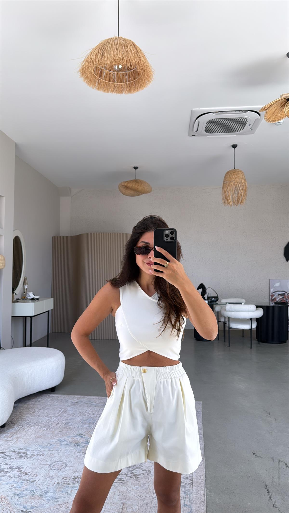 Ekru Denim Gold Detay Şort Çapraz Büstiyer Takım