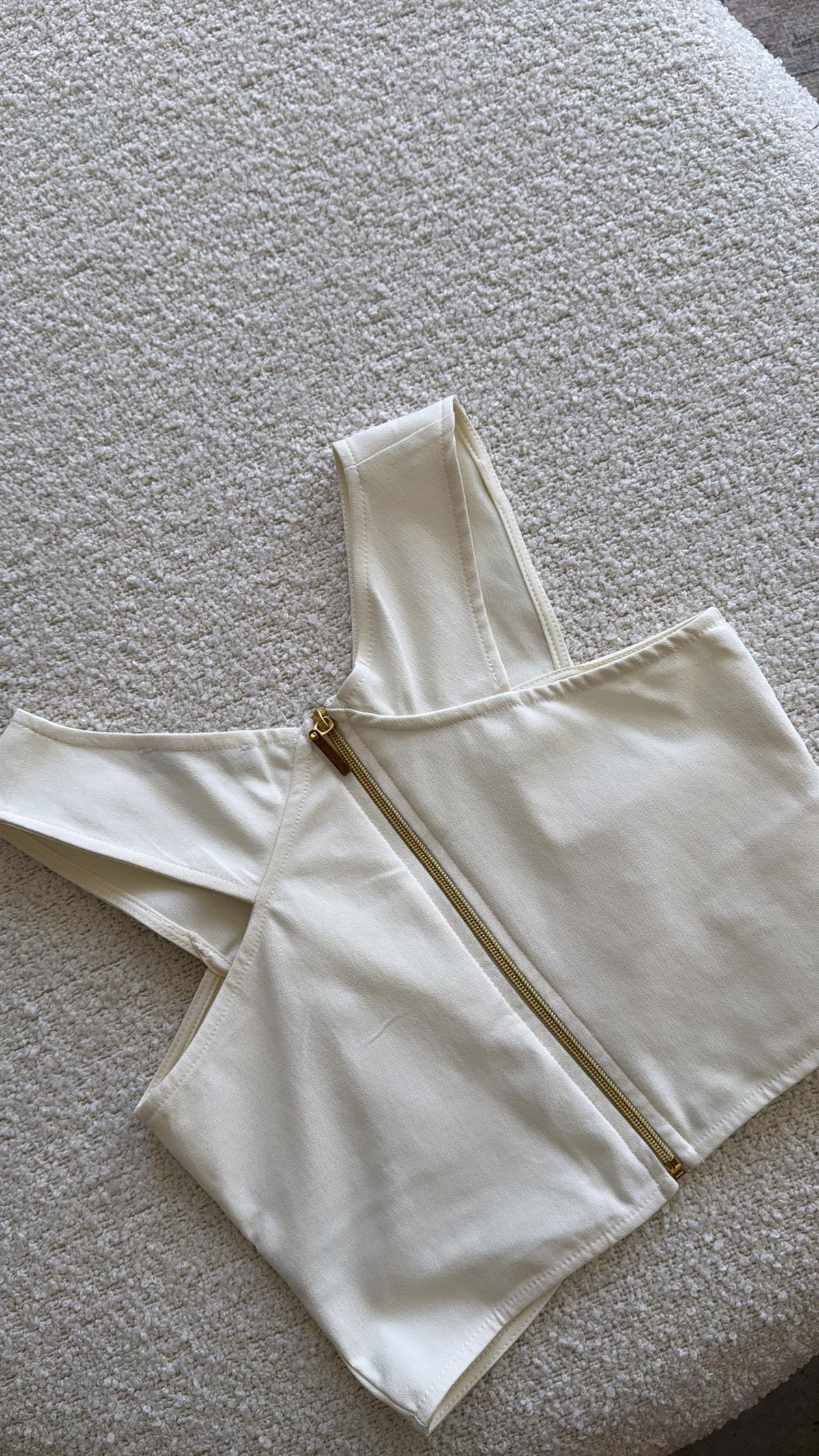 Ekru Denim Gold Detay Şort Çapraz Büstiyer Takım