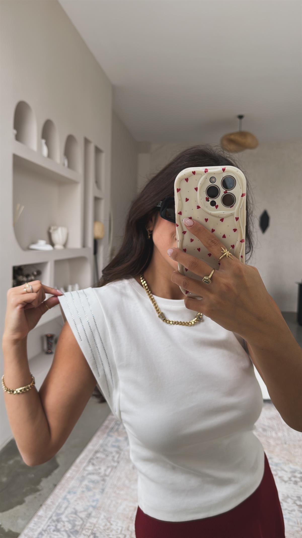 Ekru Dik Omuz Taş Sıra Tshirt