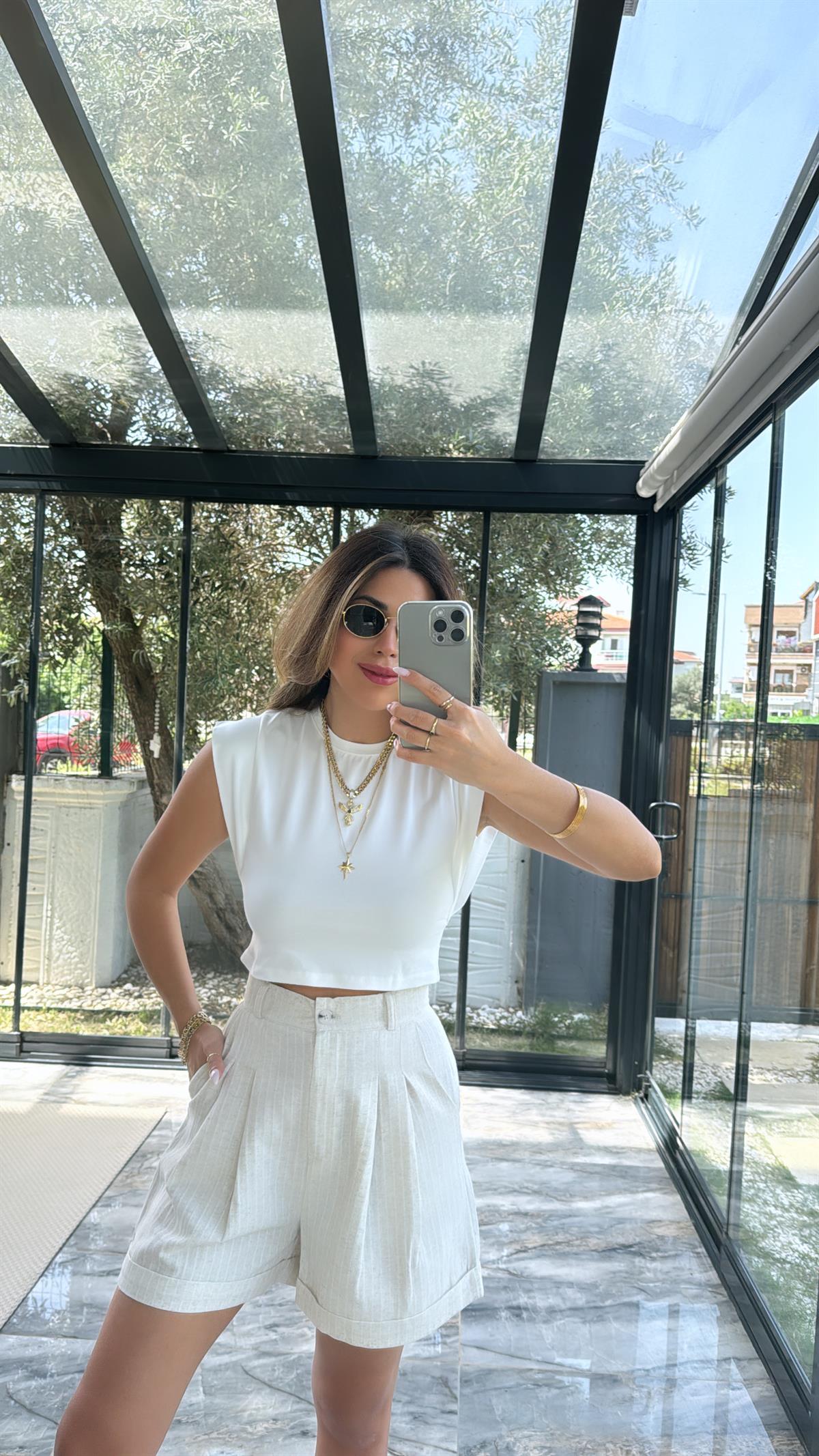 Ekru Dik Omuzlu Tshirt