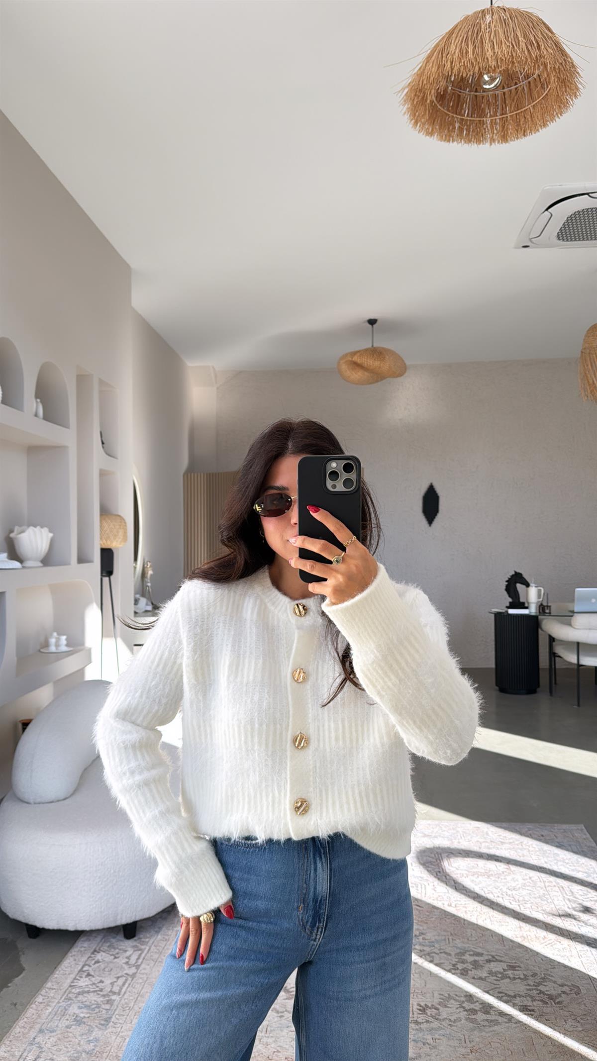 Ekru Dlv Sakallı Gold Düğmeli Yumoş Hırka