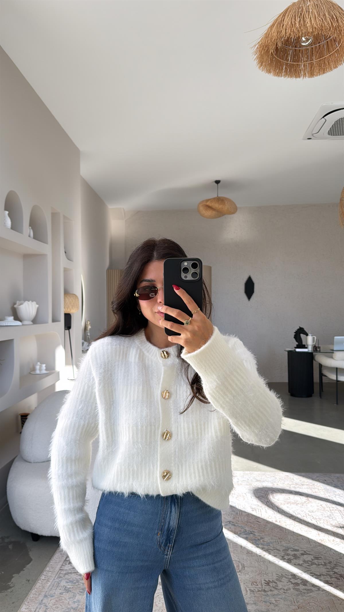 Ekru Dlv Sakallı Gold Düğmeli Yumoş Hırka