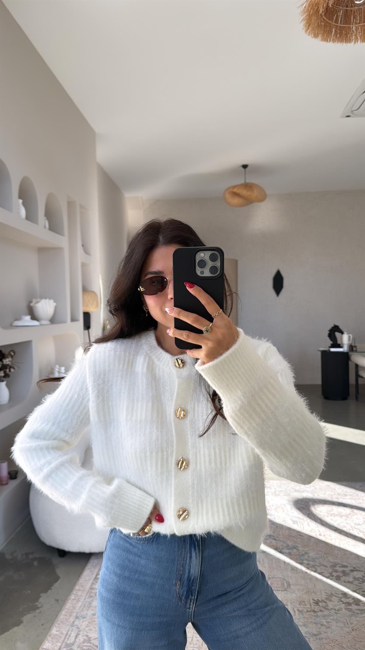 Ekru Dlv Sakallı Gold Düğmeli Yumoş Hırka