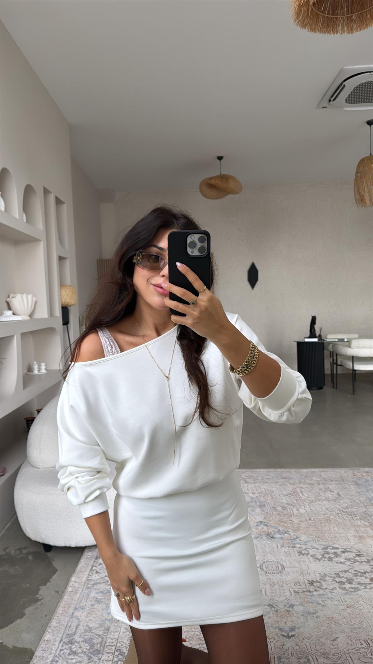 Ekru Eteği Oturan Modal Elbise